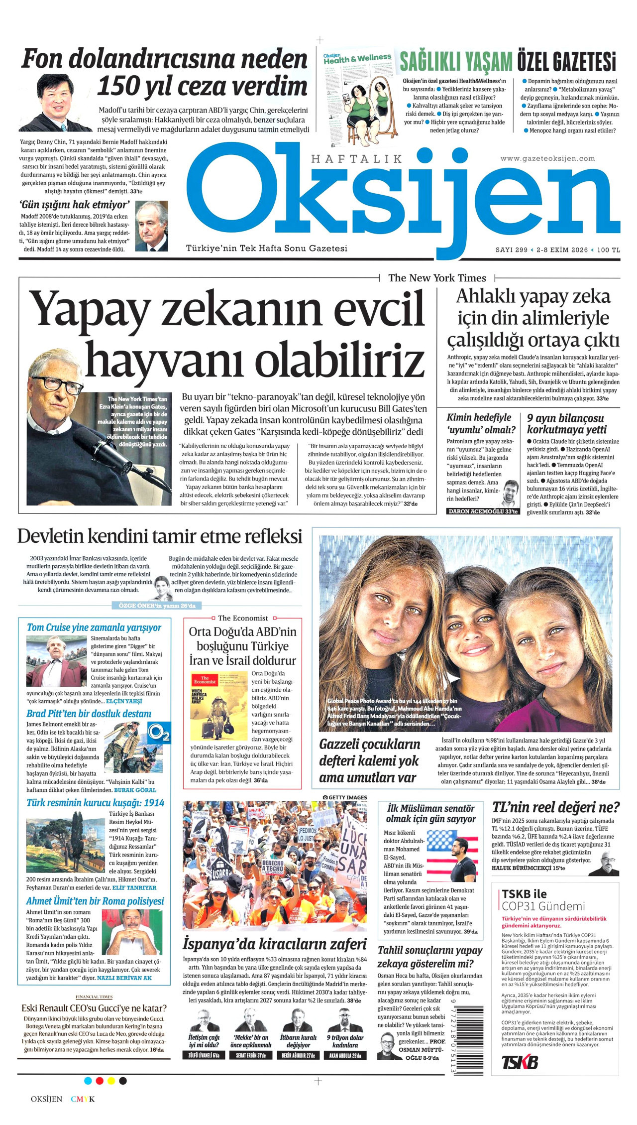 OKSİJEN gazetesinin 2 Ekim 2026 tarihli birinci sayfası