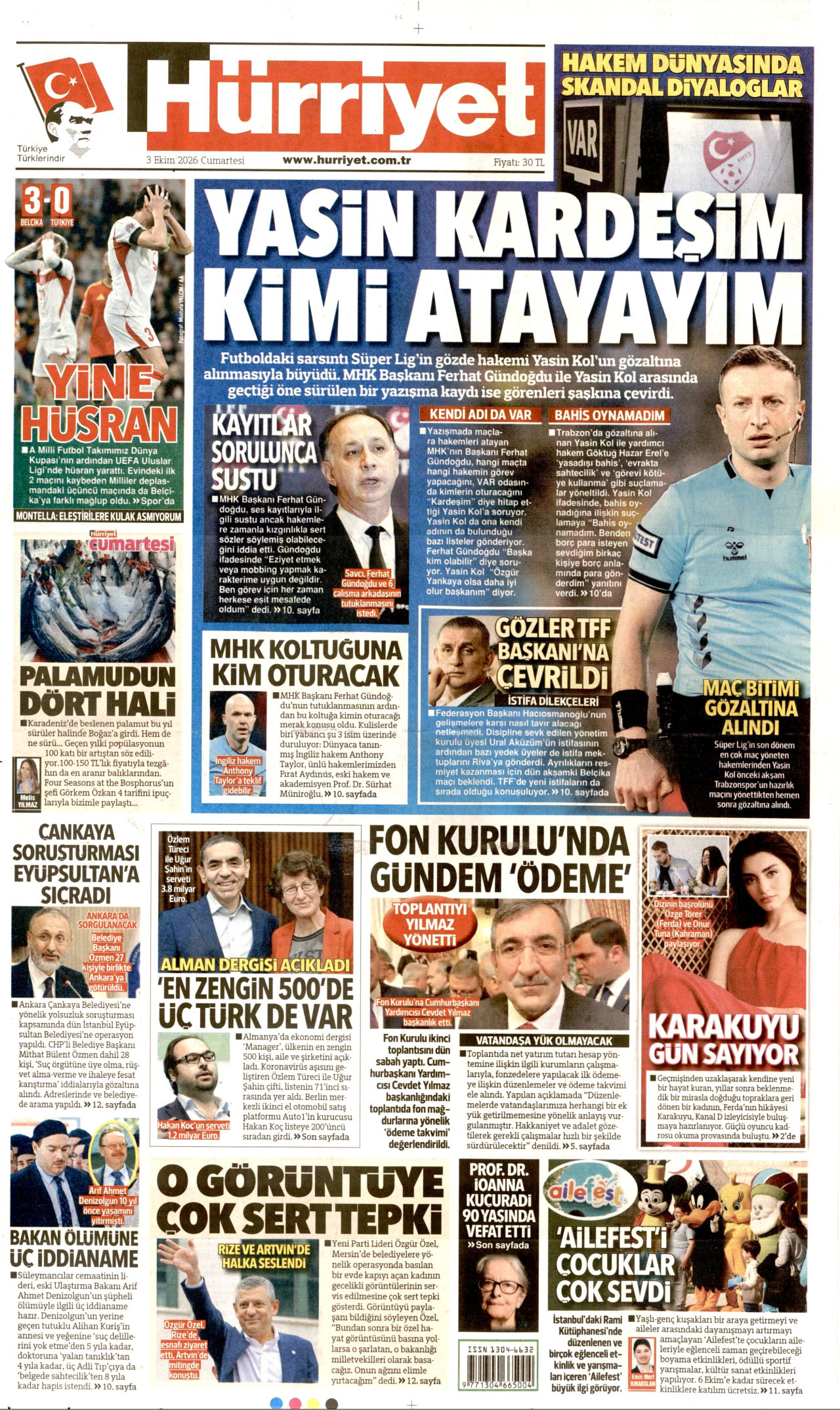 HÜRRİYET gazetesinin 3 Ekim 2026 tarihli birinci sayfası