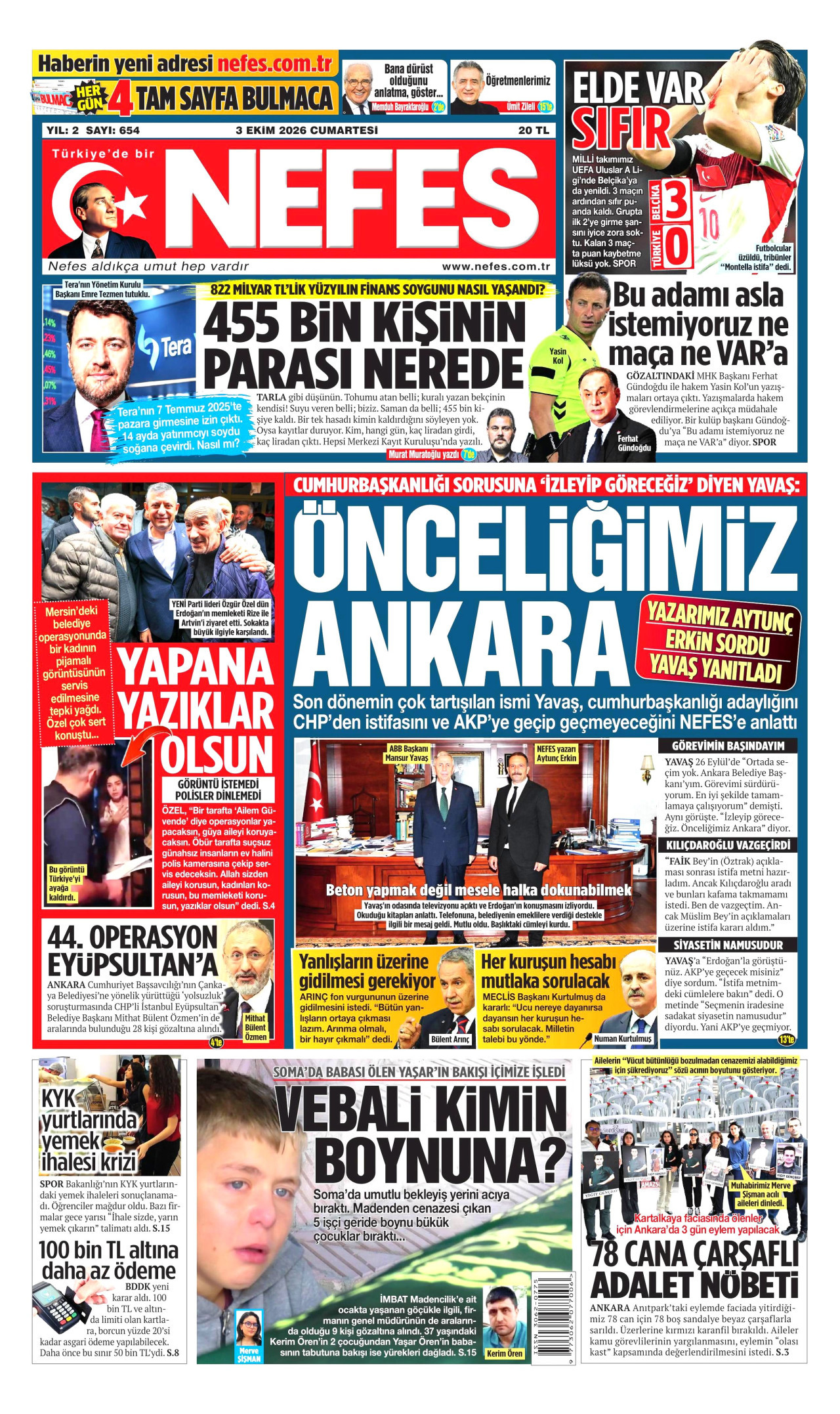 NEFES gazetesinin 3 Ekim 2026 tarihli birinci sayfası