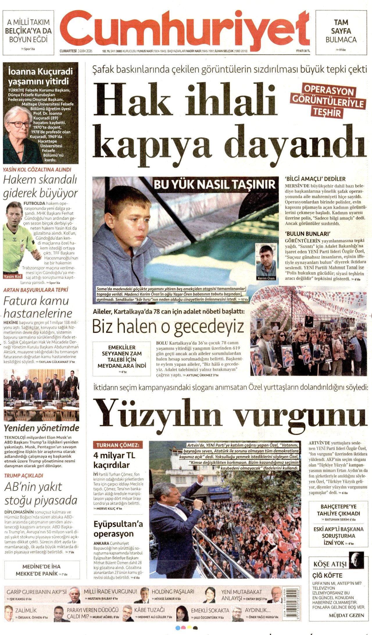CUMHURİYET gazetesinin 3 Ekim 2026 tarihli birinci sayfası