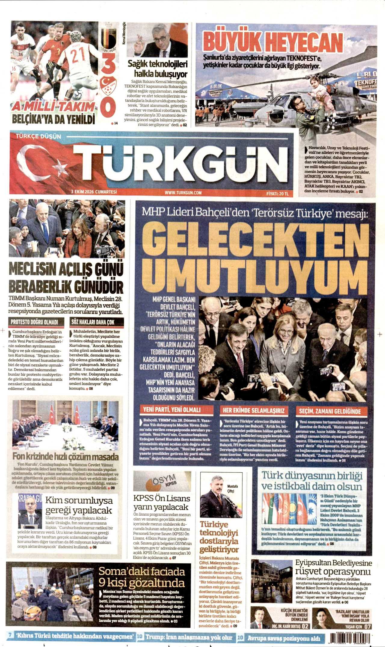 TÜRKGÜN gazetesinin 3 Ekim 2026 tarihli birinci sayfası