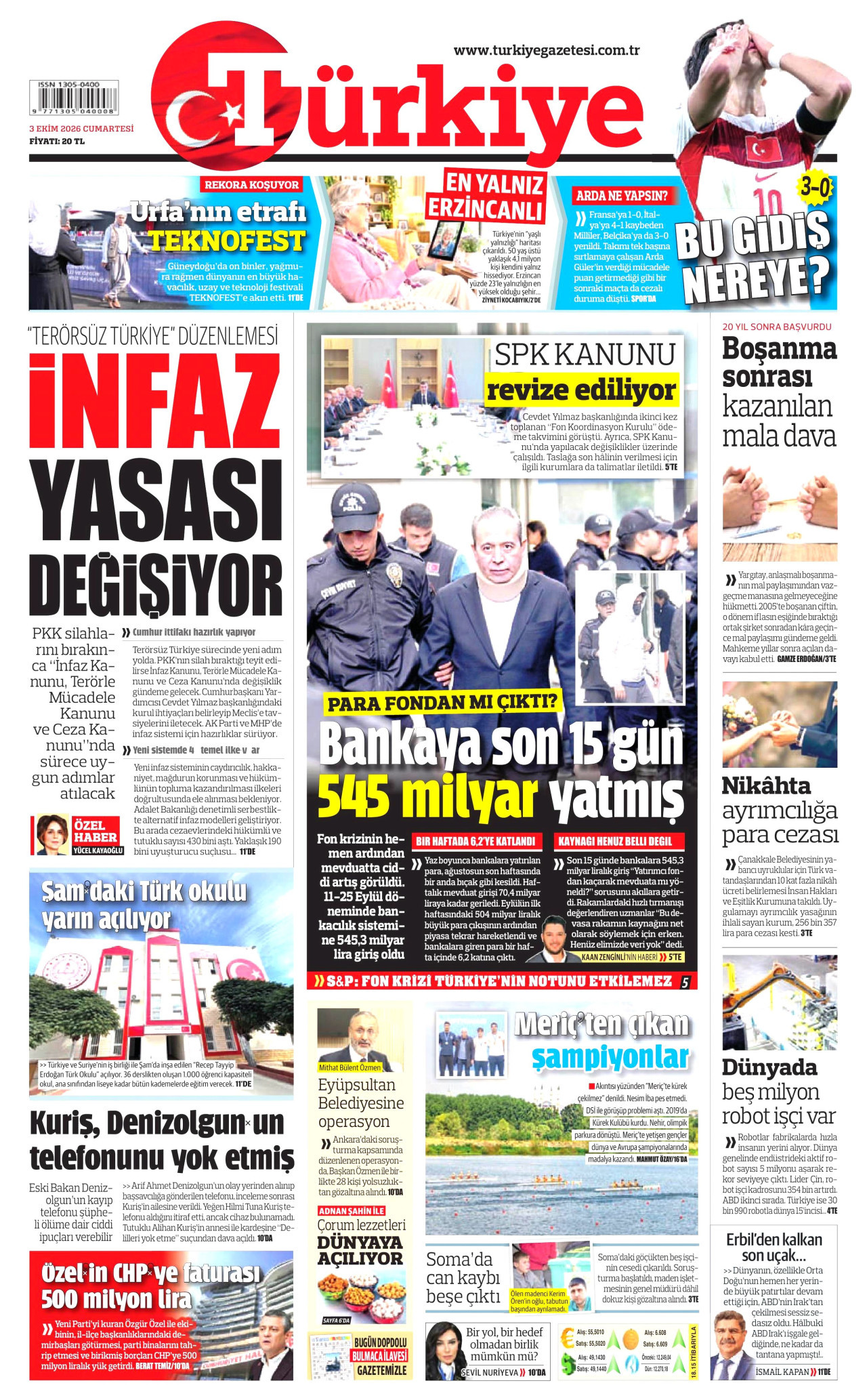 TÜRKİYE GAZETESİ gazetesinin 3 Ekim 2026 tarihli birinci sayfası