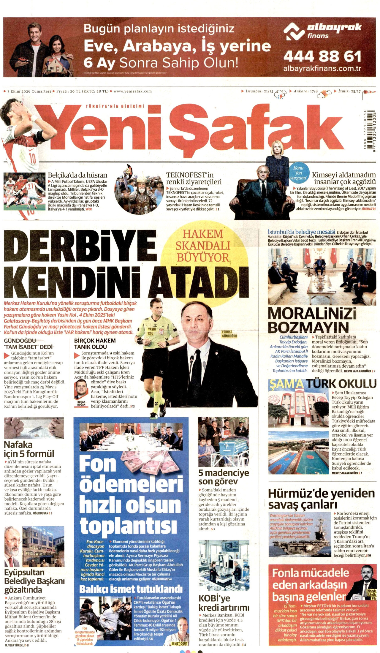 YENİ ŞAFAK gazetesinin 3 Ekim 2026 tarihli birinci sayfası