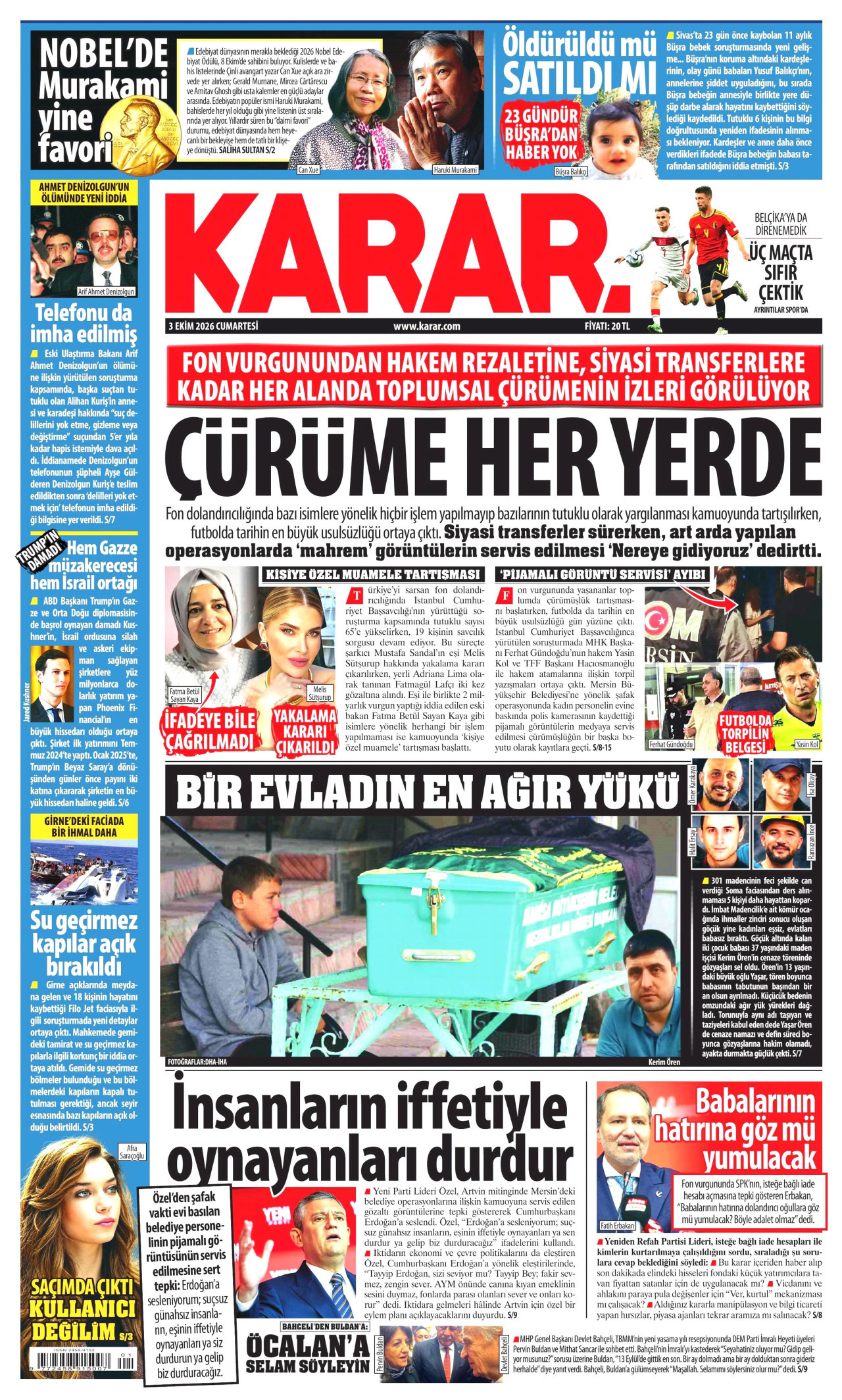 KARAR gazetesinin 3 Ekim 2026 tarihli birinci sayfası