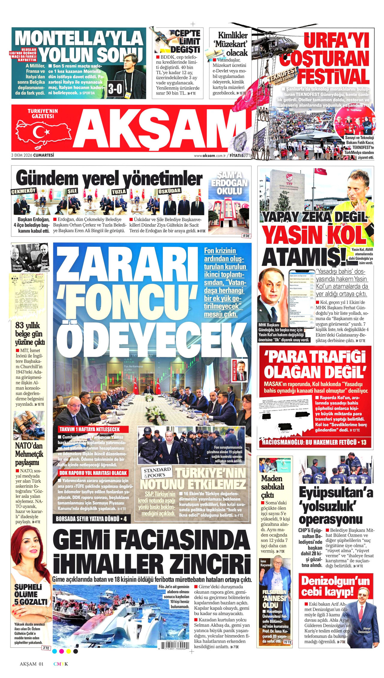 AKŞAM gazetesinin 3 Ekim 2026 tarihli birinci sayfası