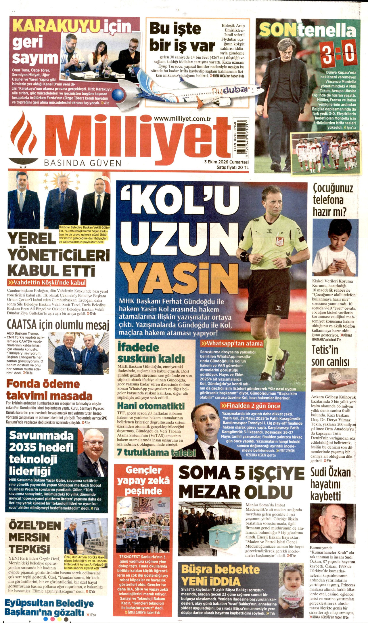 MİLLİYET gazetesinin 3 Ekim 2026 tarihli birinci sayfası