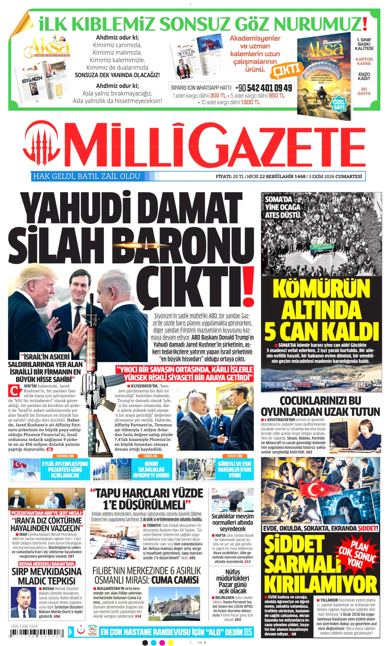 MİLLİ GAZETE gazetesinin 3 Ekim 2026 tarihli birinci sayfası