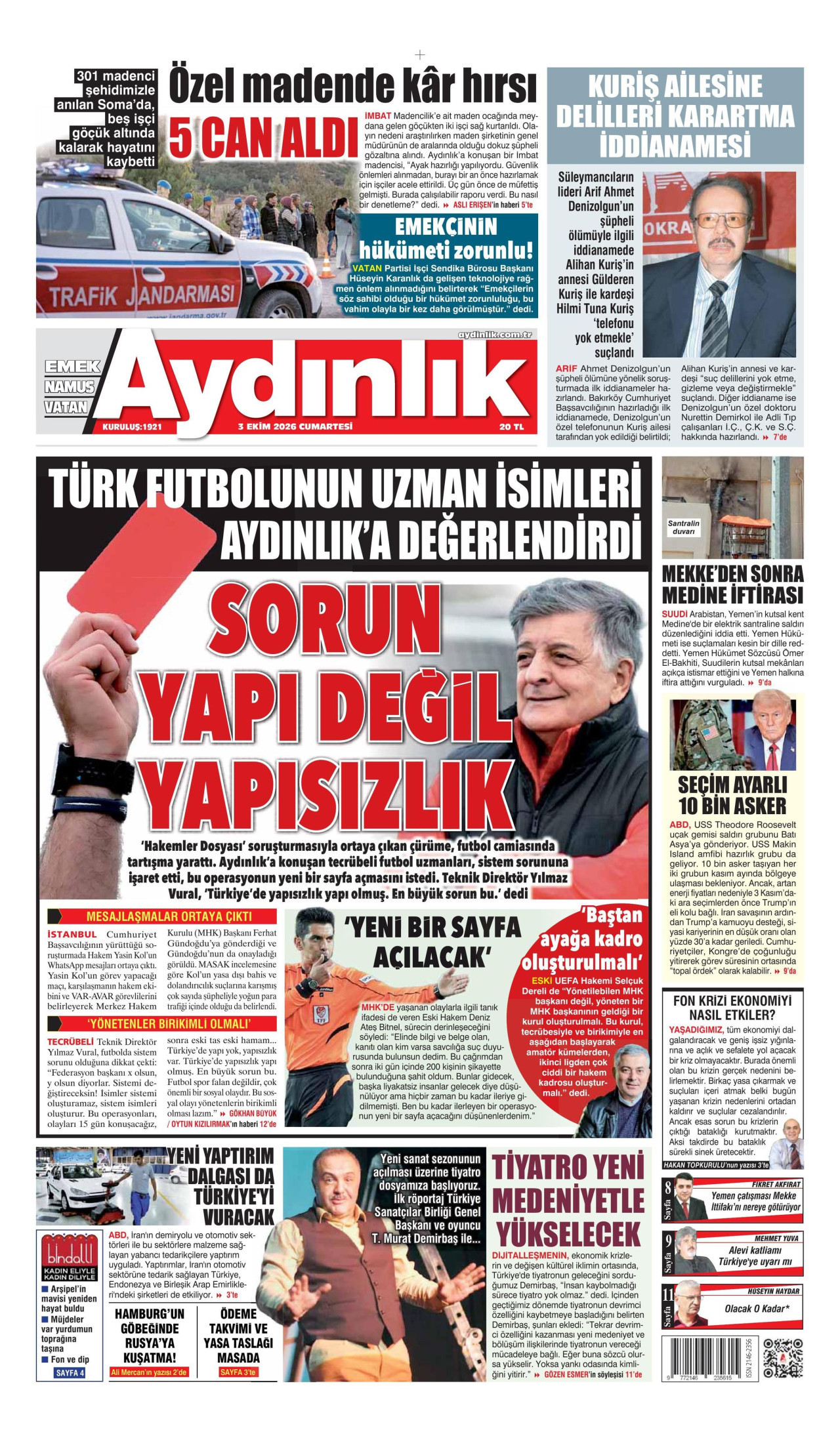 AYDINLIK GAZETESİ gazetesinin 3 Ekim 2026 tarihli birinci sayfası