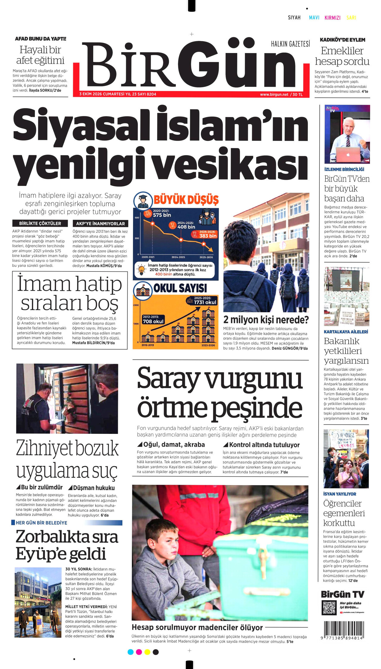 BİRGÜN gazetesinin 3 Ekim 2026 tarihli birinci sayfası