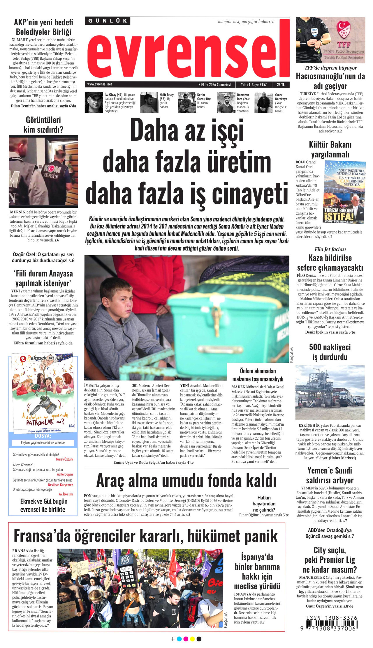 EVRENSEL gazetesinin 3 Ekim 2026 tarihli birinci sayfası