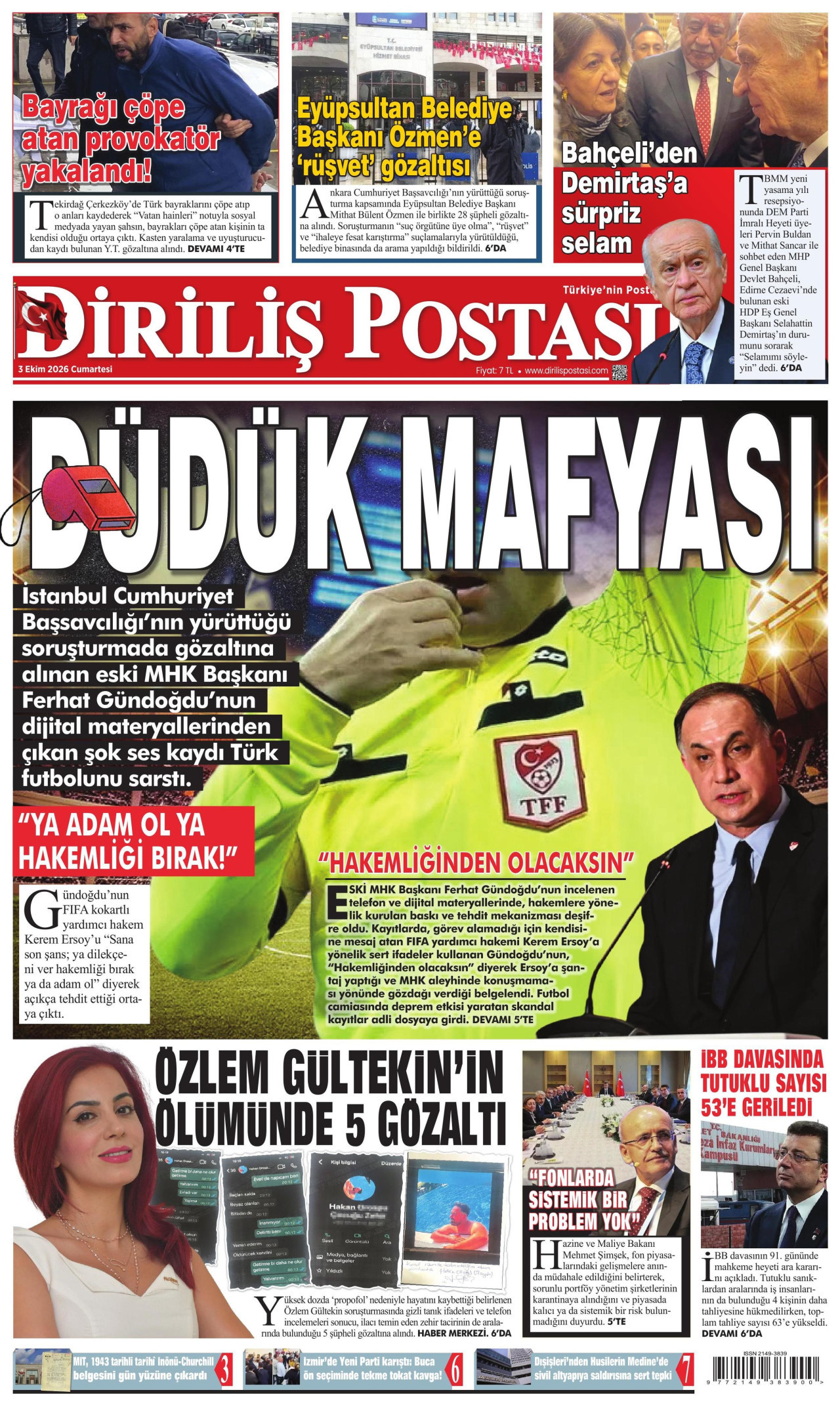 DİRİLİŞ POSTASI gazetesinin 3 Ekim 2026 tarihli birinci sayfası