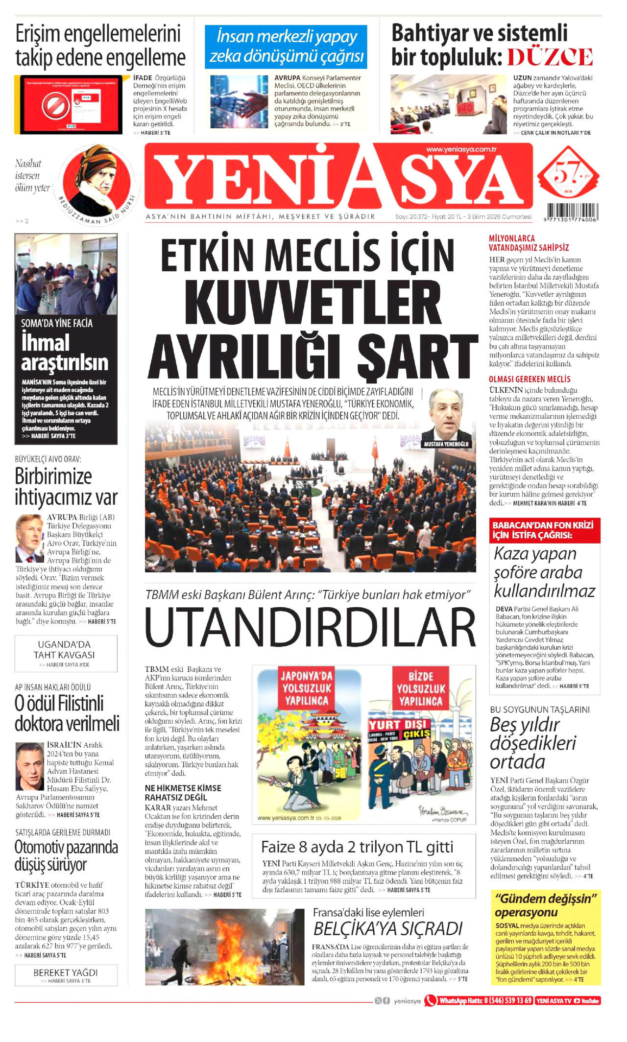 YENİ ASYA gazetesinin 3 Ekim 2026 tarihli birinci sayfası