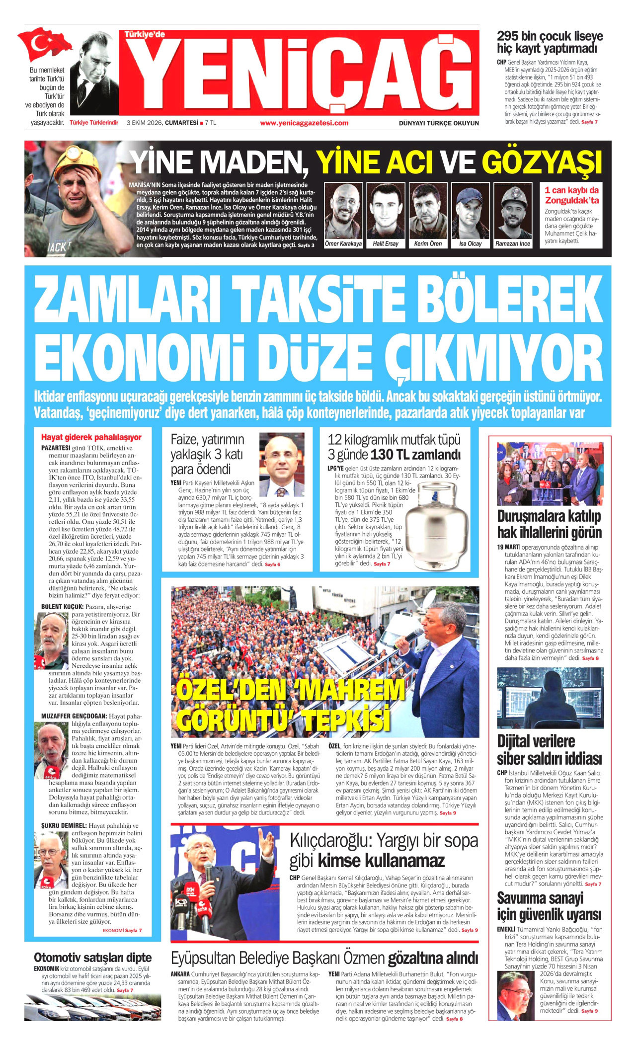 YENİÇAĞ gazetesinin 3 Ekim 2026 tarihli birinci sayfası