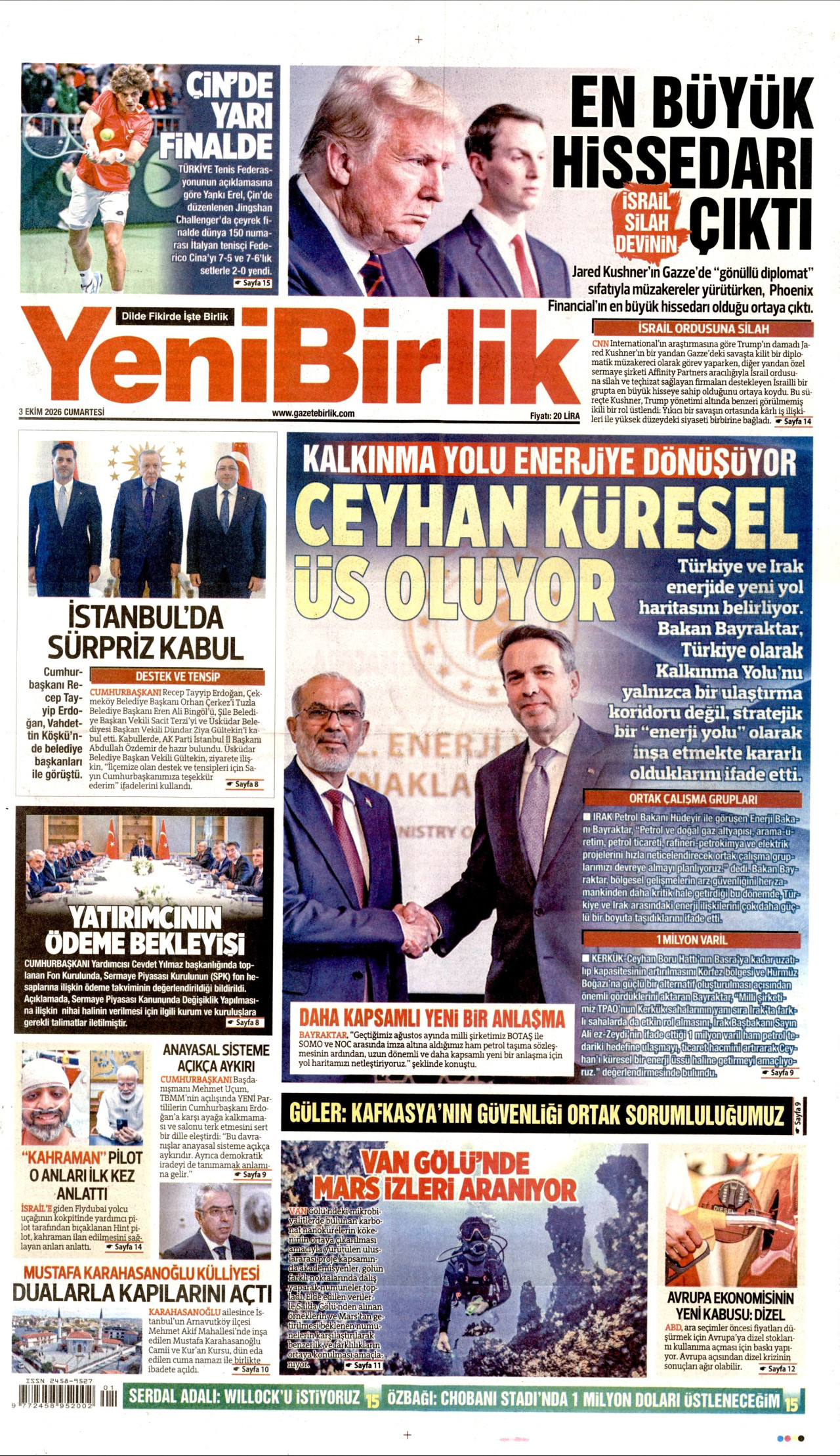YENİBİRLİK gazetesinin 3 Ekim 2026 tarihli birinci sayfası