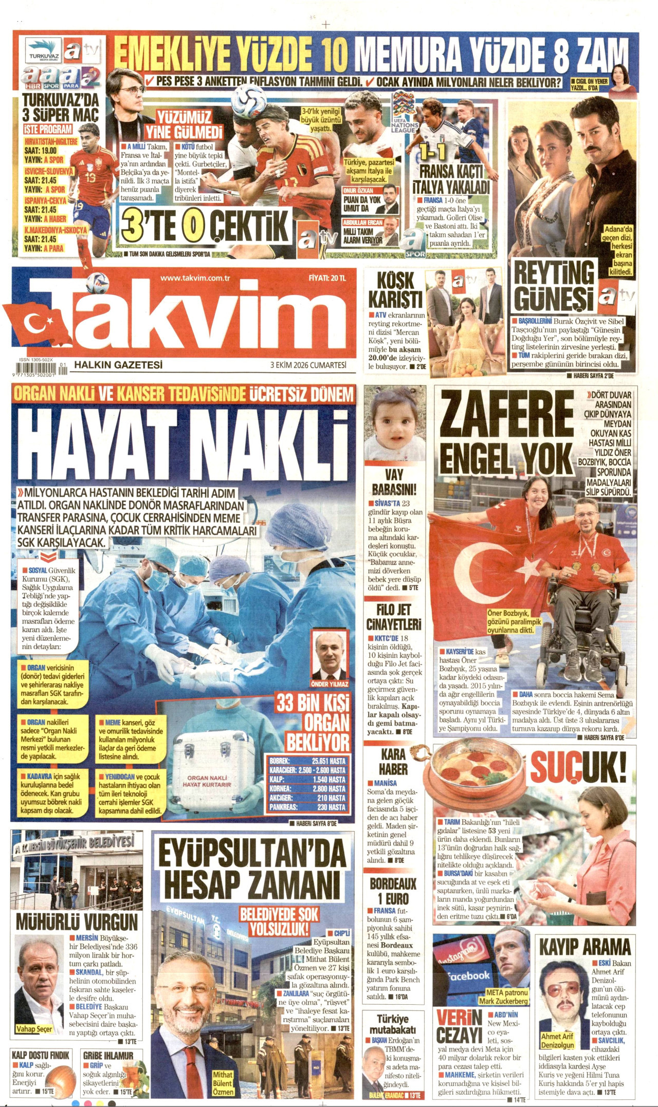 TAKVİM gazetesinin 3 Ekim 2026 tarihli birinci sayfası