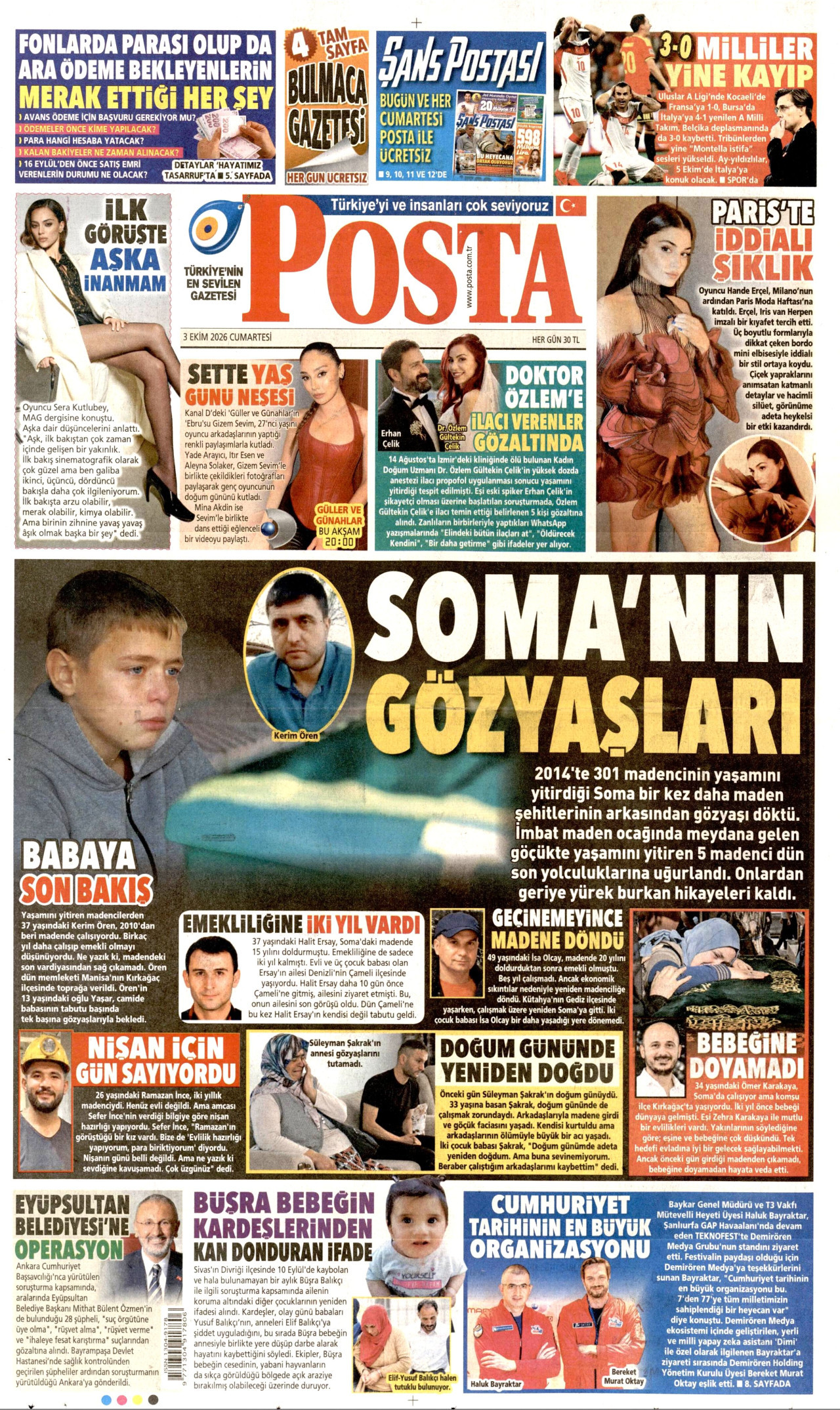 POSTA gazetesinin 3 Ekim 2026 tarihli birinci sayfası