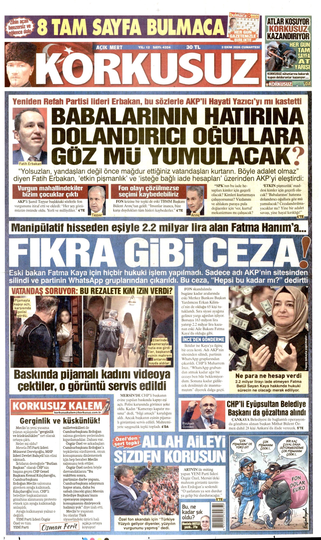 KORKUSUZ gazetesinin 3 Ekim 2026 tarihli birinci sayfası
