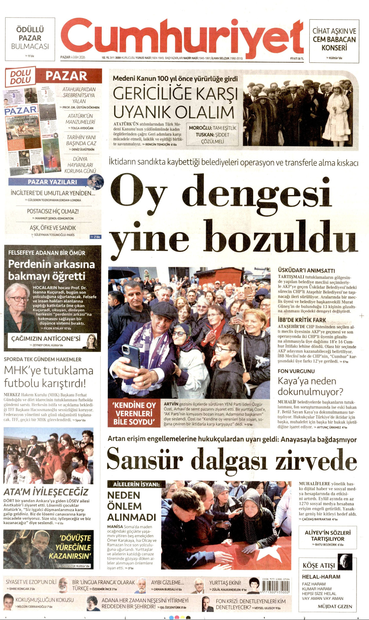 CUMHURİYET gazetesinin 4 Ekim 2026 tarihli birinci sayfası