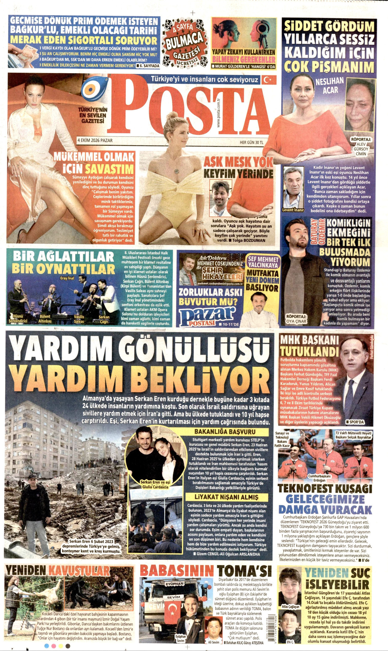 POSTA gazetesinin 4 Ekim 2026 tarihli birinci sayfası