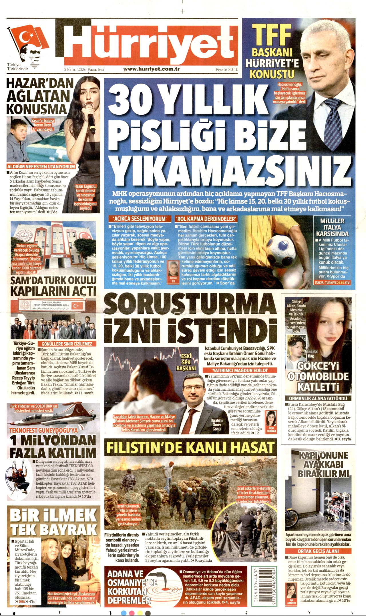 HÜRRİYET gazetesinin 5 Ekim 2026 tarihli birinci sayfası