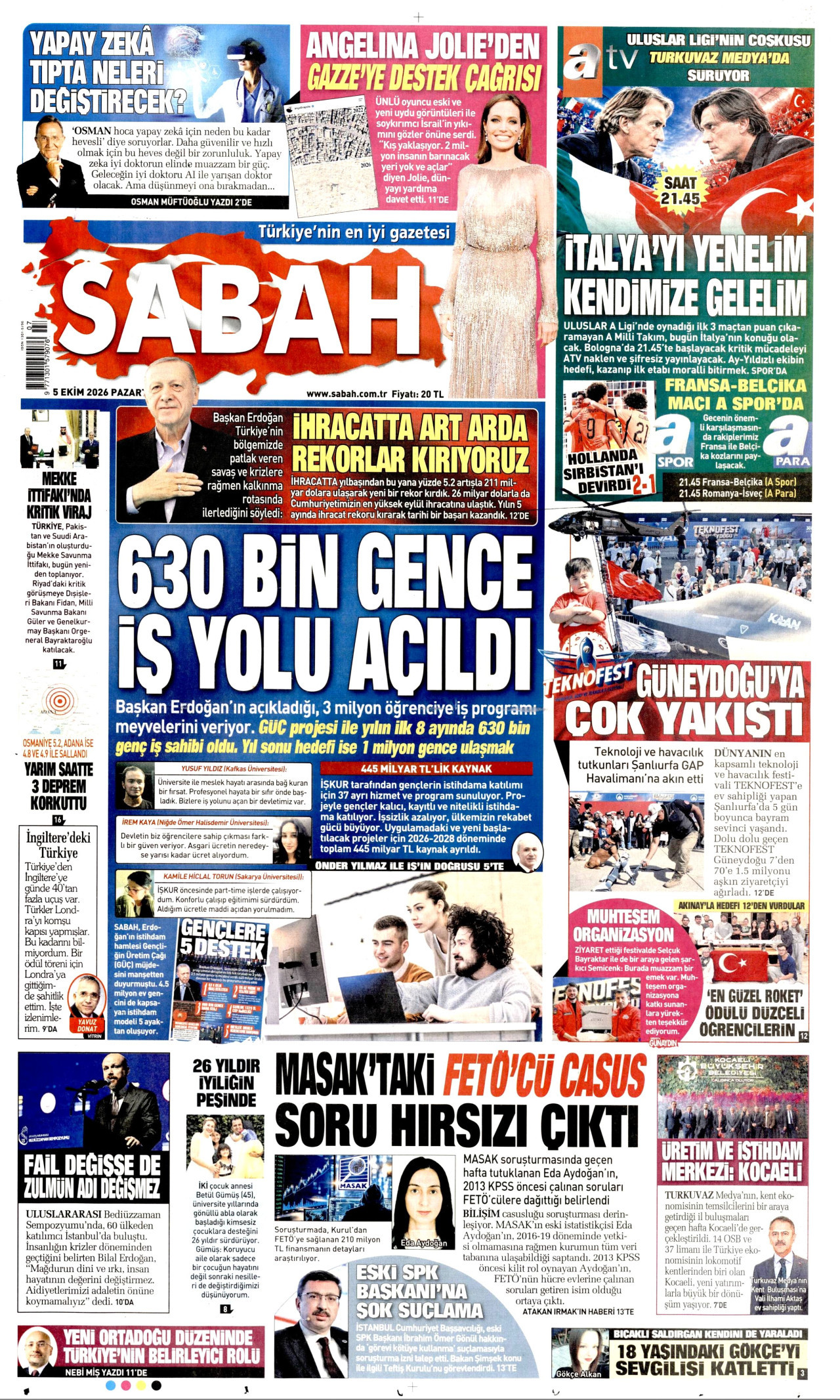 SABAH gazetesinin 5 Ekim 2026 tarihli birinci sayfası