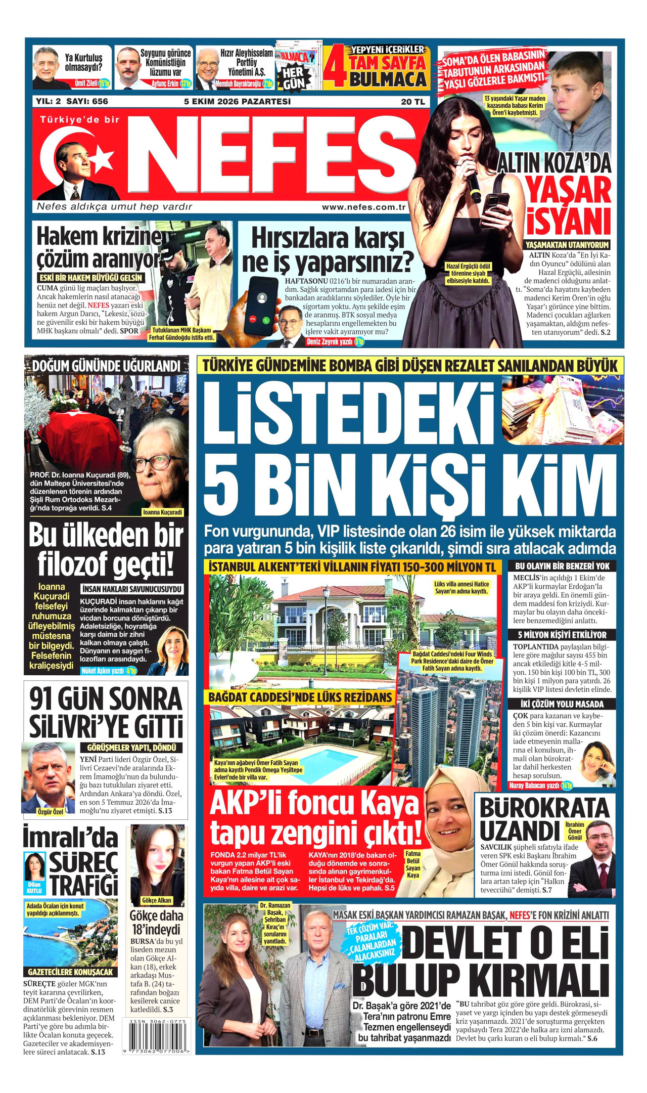 NEFES gazetesinin 5 Ekim 2026 tarihli birinci sayfası