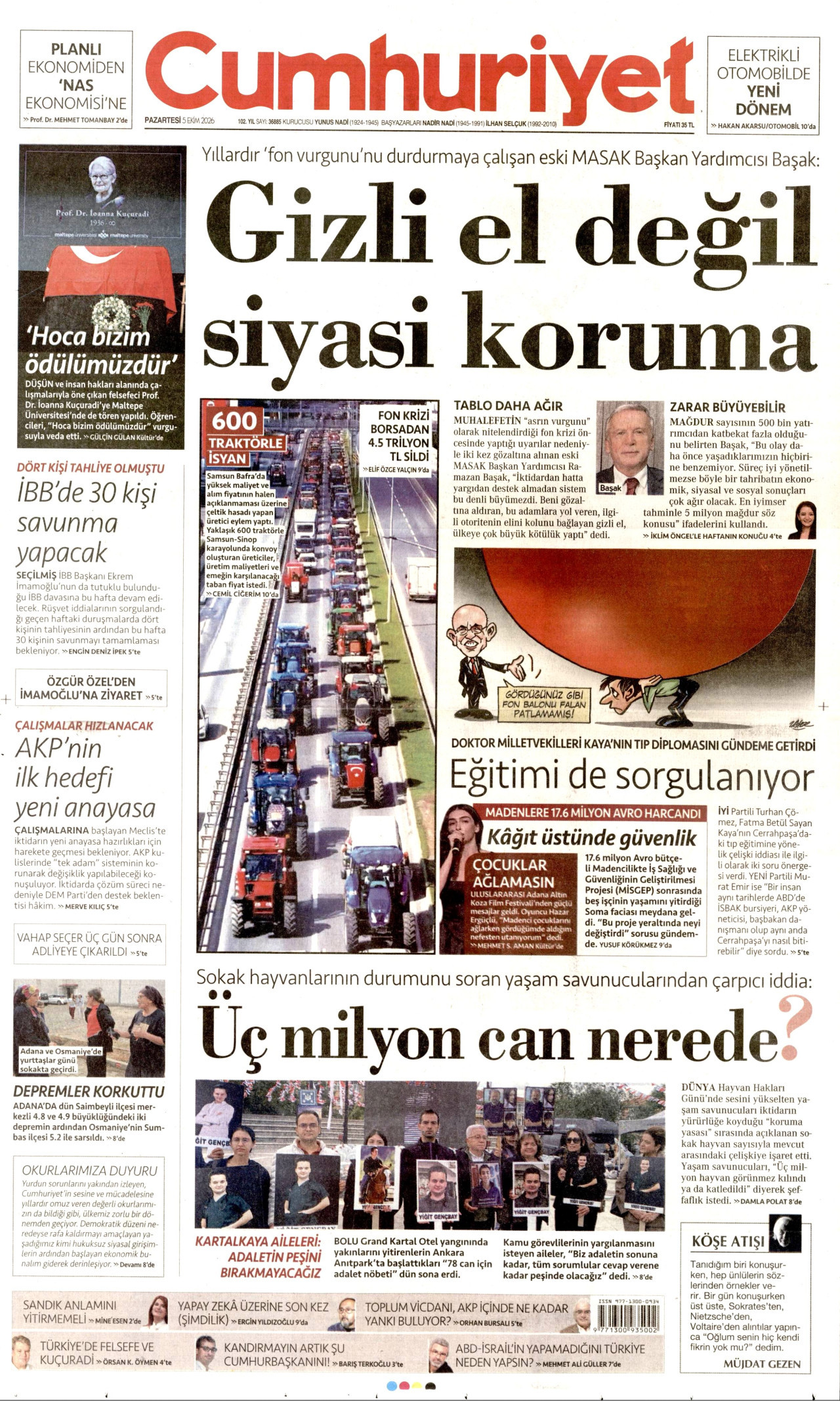 CUMHURİYET gazetesinin 5 Ekim 2026 tarihli birinci sayfası