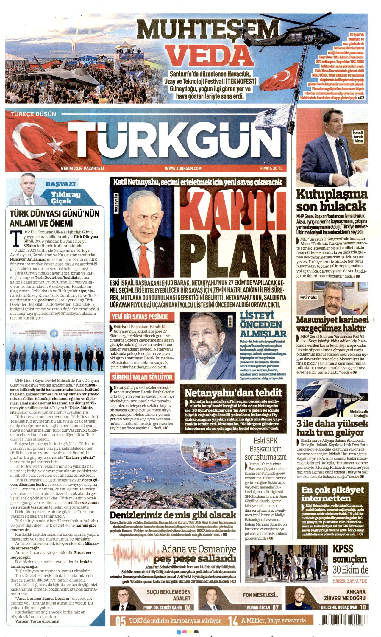 TÜRKGÜN gazetesinin 5 Ekim 2026 tarihli birinci sayfası