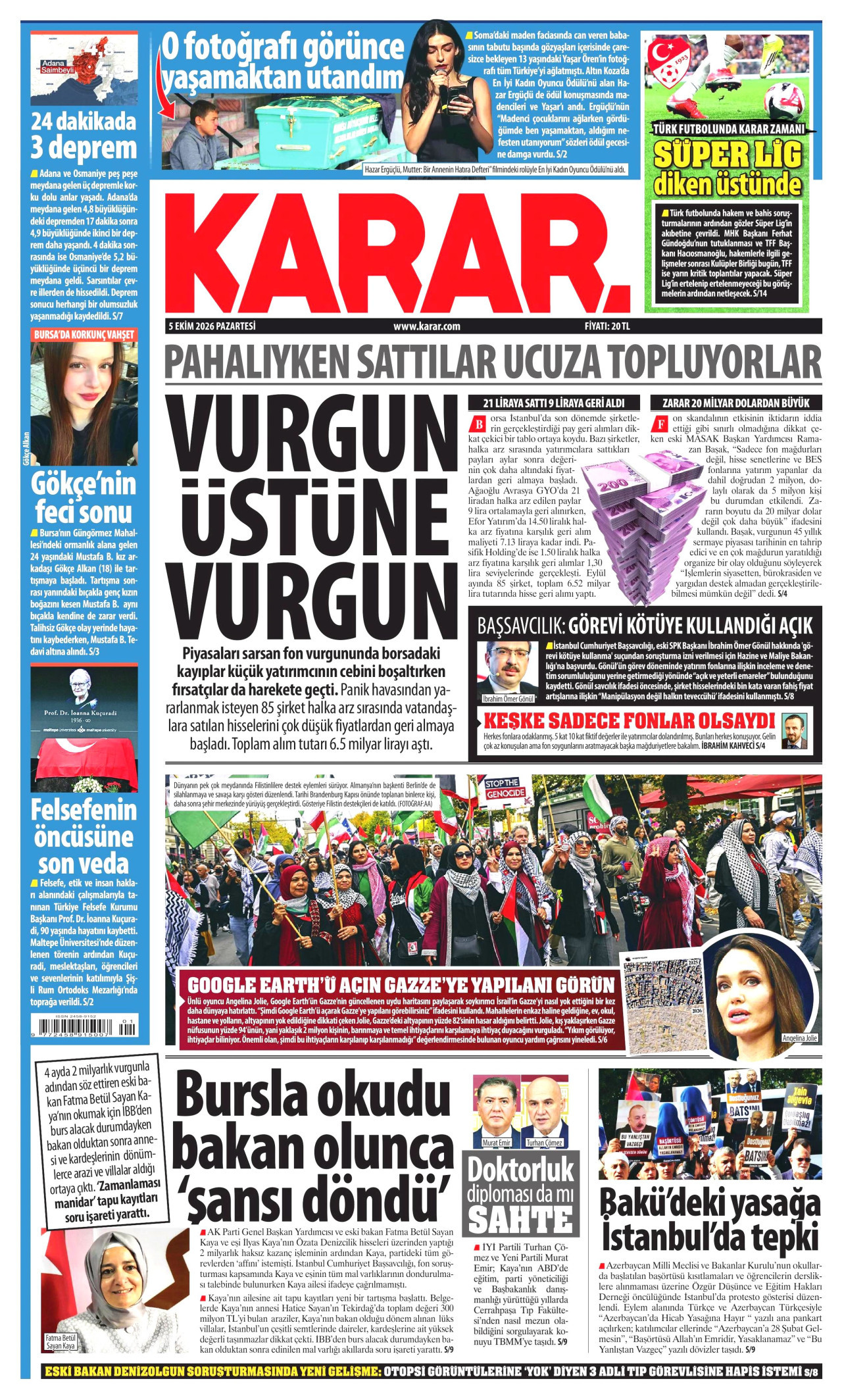 KARAR gazetesinin 5 Ekim 2026 tarihli birinci sayfası