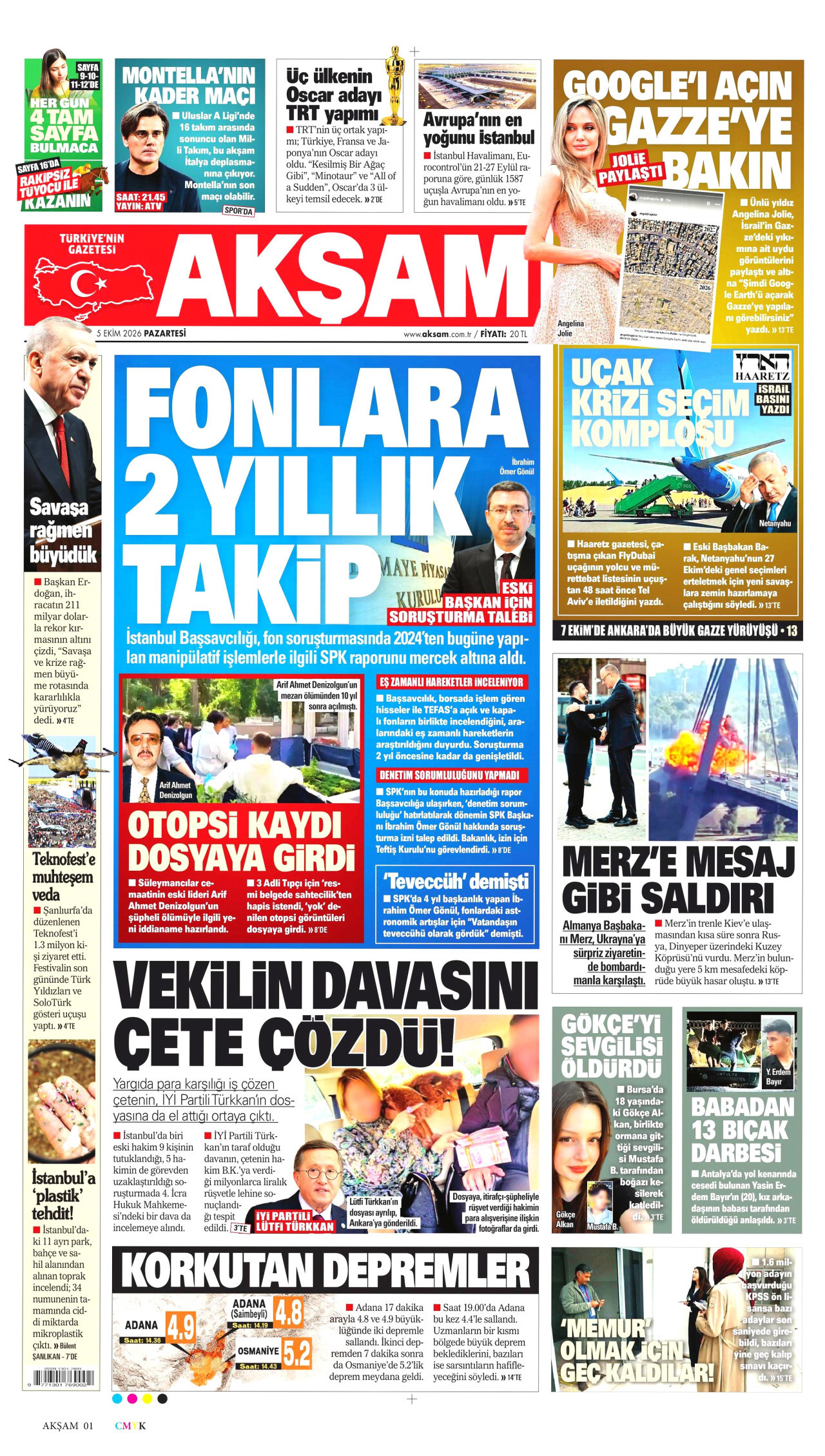 AKŞAM gazetesinin 5 Ekim 2026 tarihli birinci sayfası
