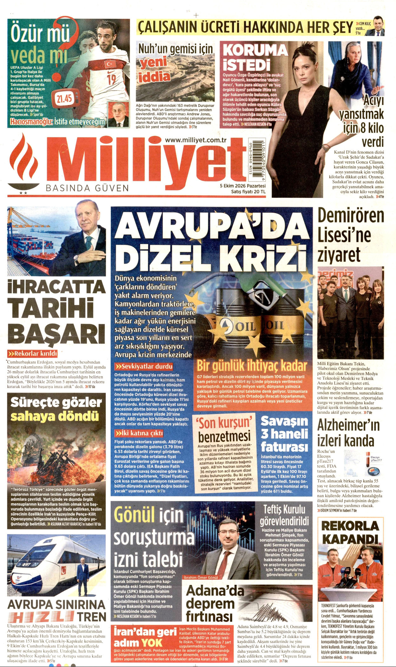 MİLLİYET gazetesinin 5 Ekim 2026 tarihli birinci sayfası