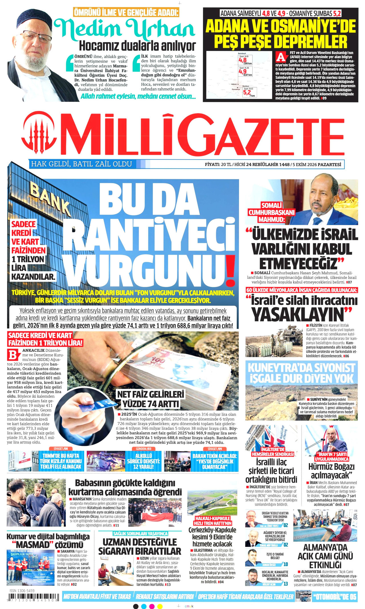 MİLLİ GAZETE gazetesinin 5 Ekim 2026 tarihli birinci sayfası
