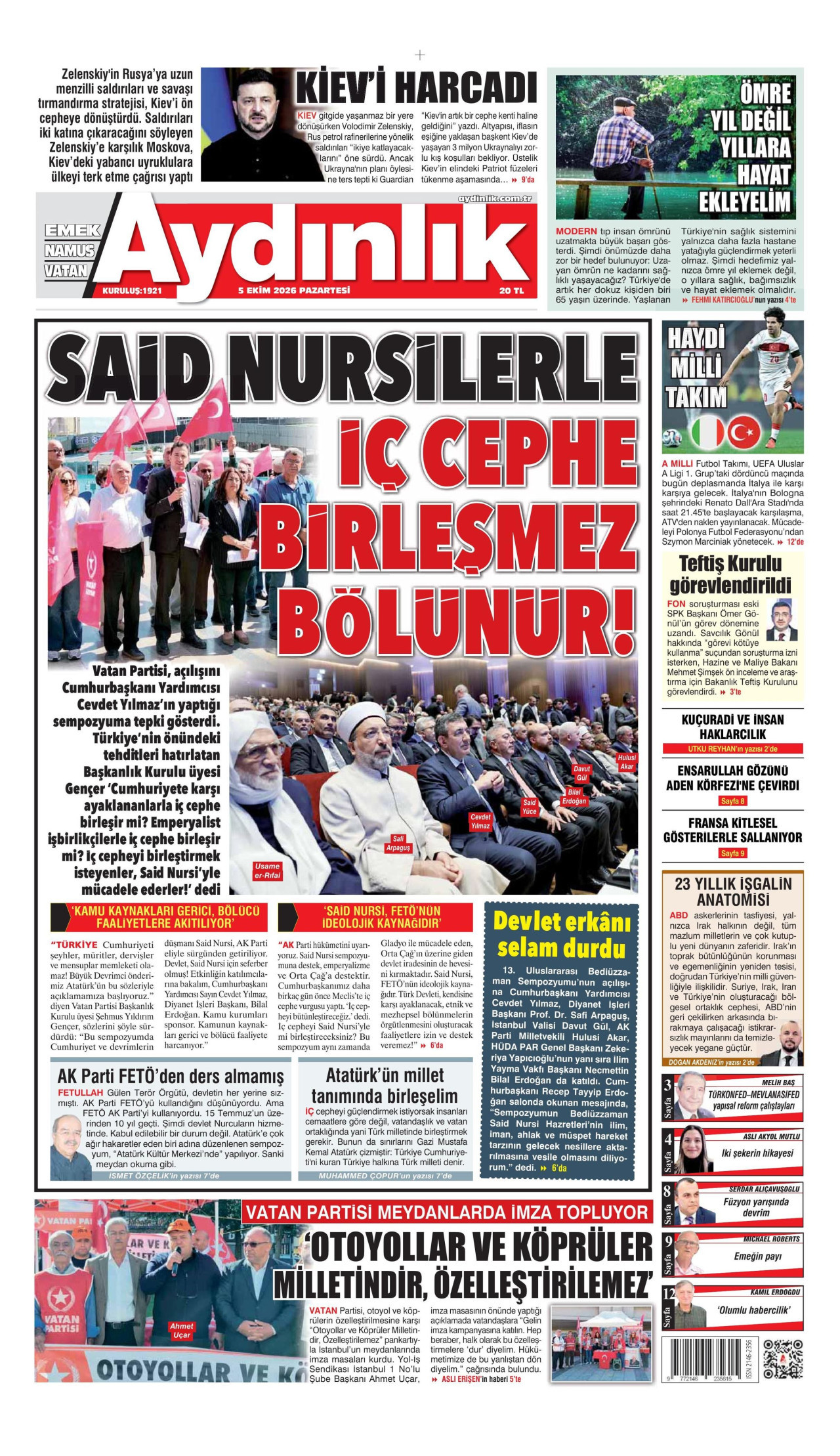 AYDINLIK GAZETESİ gazetesinin 5 Ekim 2026 tarihli birinci sayfası