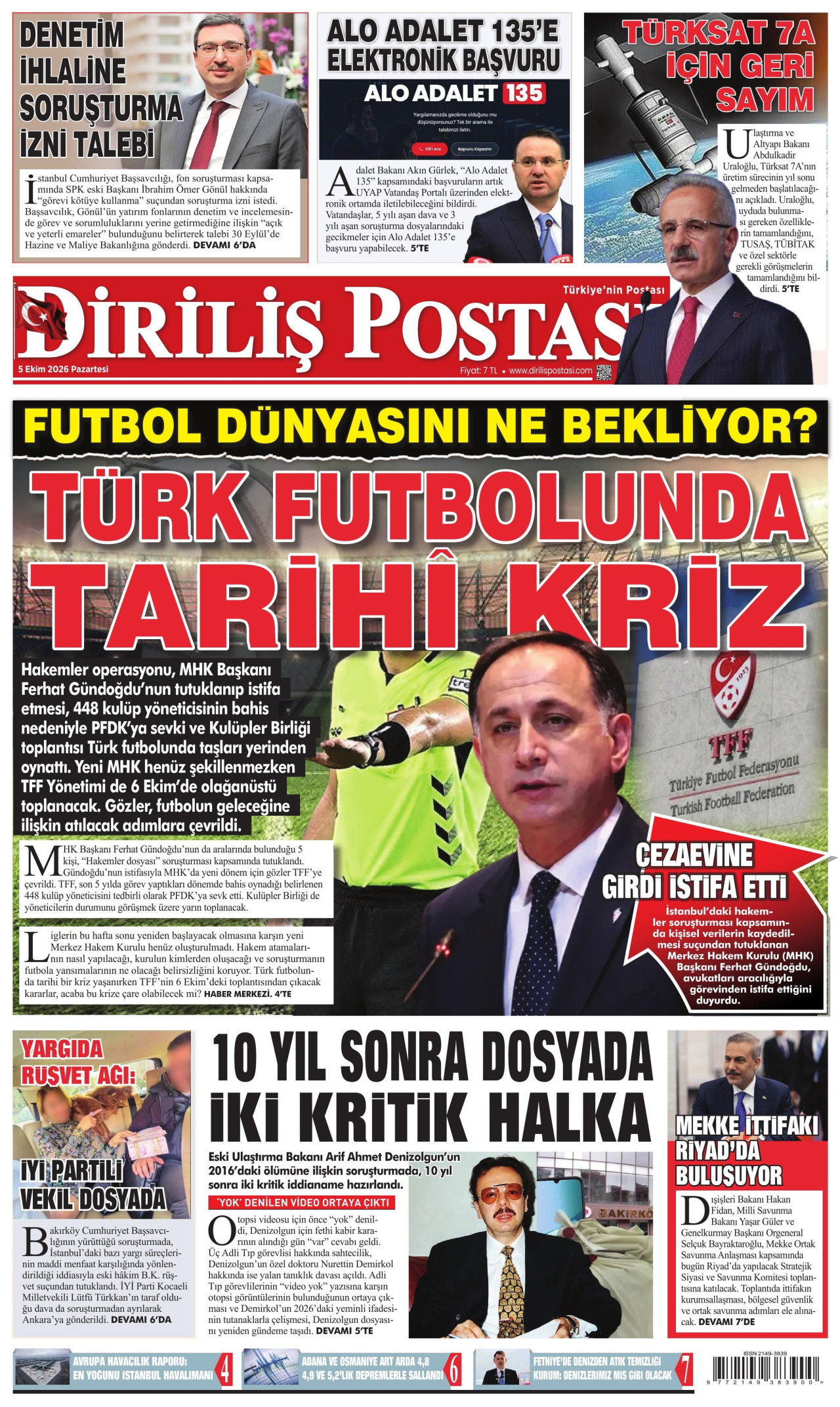 DİRİLİŞ POSTASI gazetesinin 5 Ekim 2026 tarihli birinci sayfası