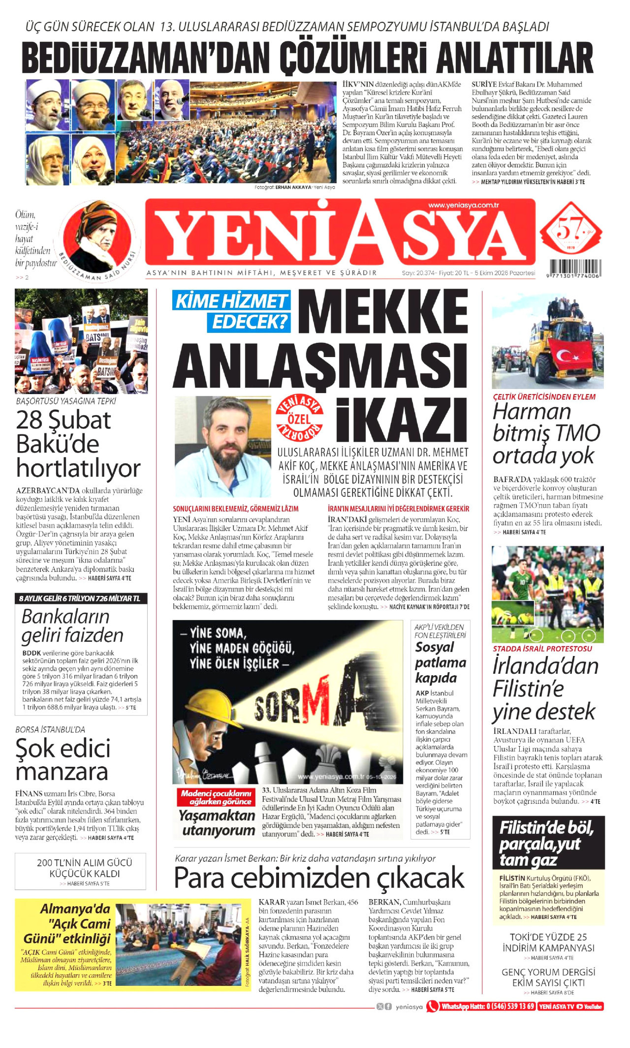 YENİ ASYA gazetesinin 5 Ekim 2026 tarihli birinci sayfası