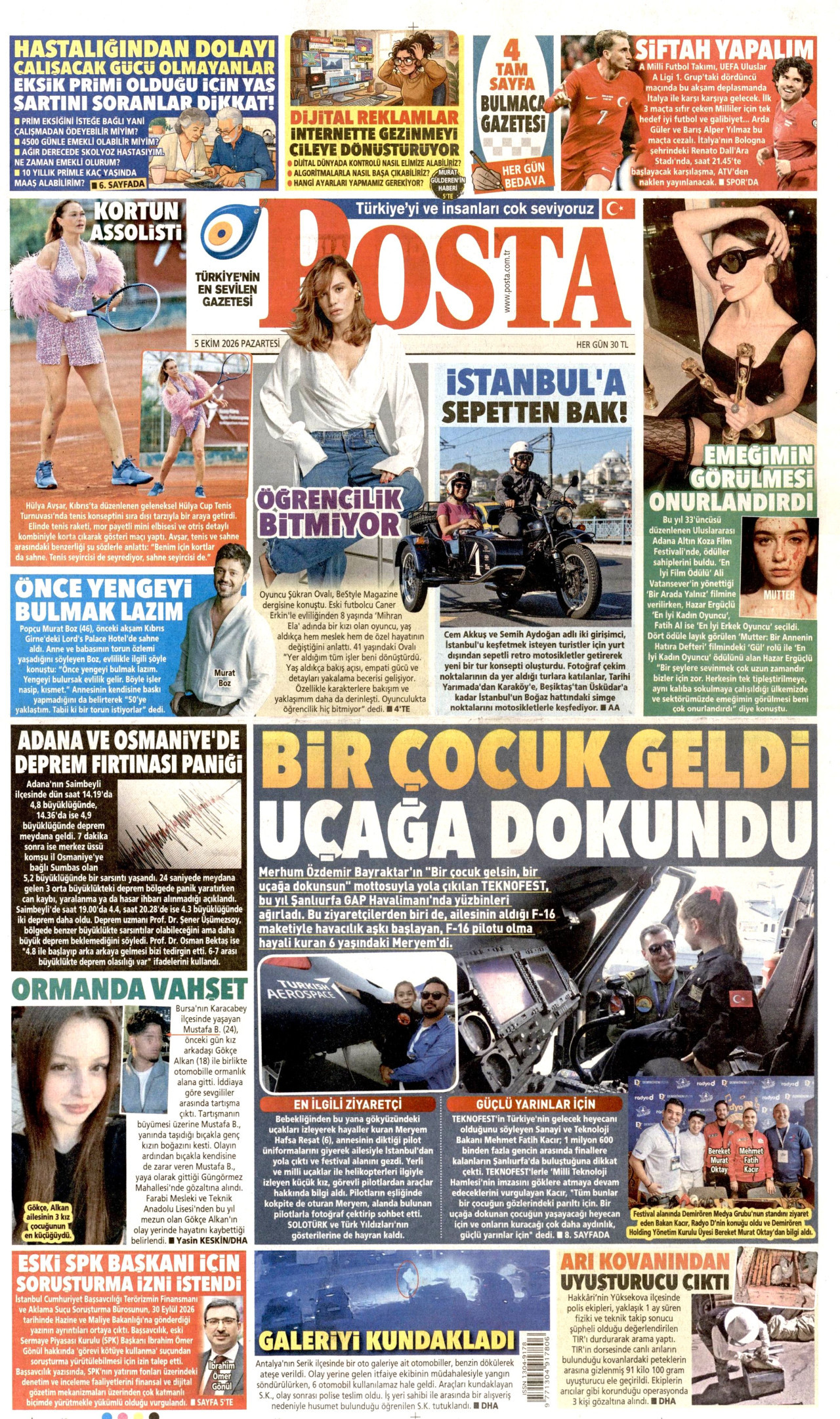 POSTA gazetesinin 5 Ekim 2026 tarihli birinci sayfası