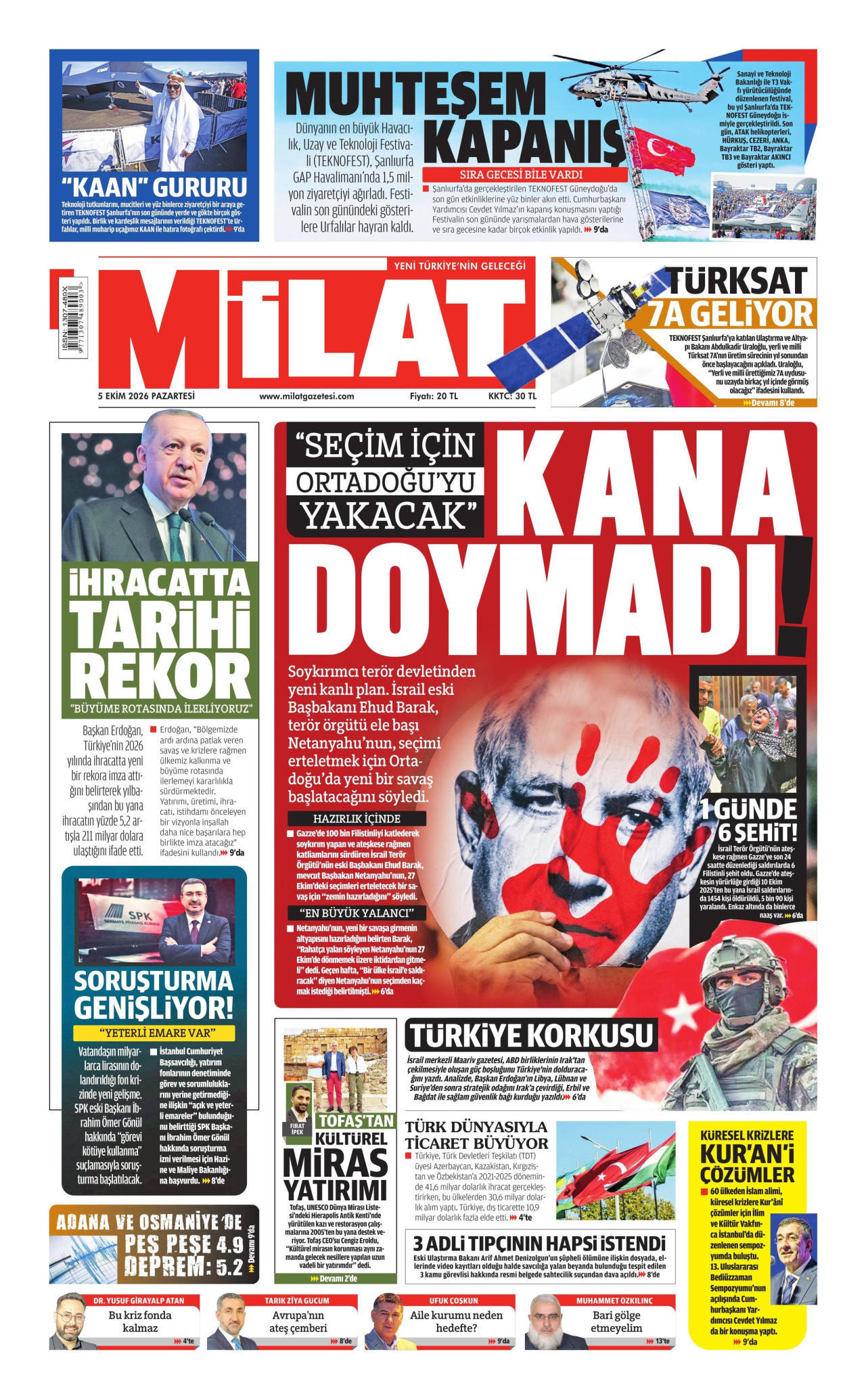 MİLAT gazetesinin 5 Ekim 2026 tarihli birinci sayfası