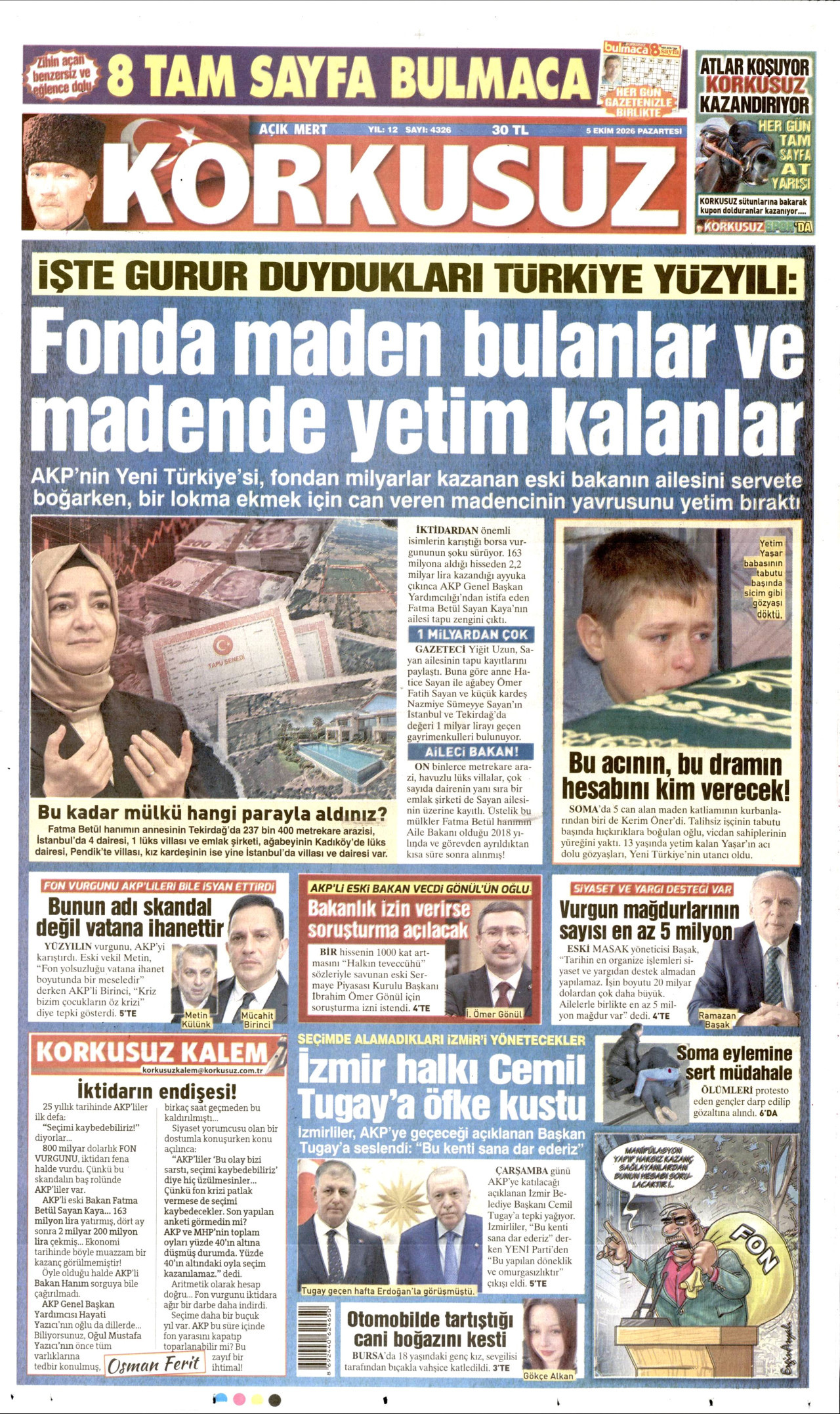 KORKUSUZ gazetesinin 5 Ekim 2026 tarihli birinci sayfası