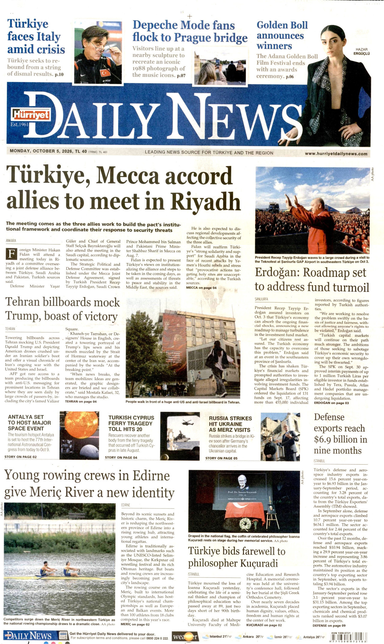 HÜRRİYET DAİLY NEWS gazetesinin 5 Ekim 2026 tarihli birinci sayfası