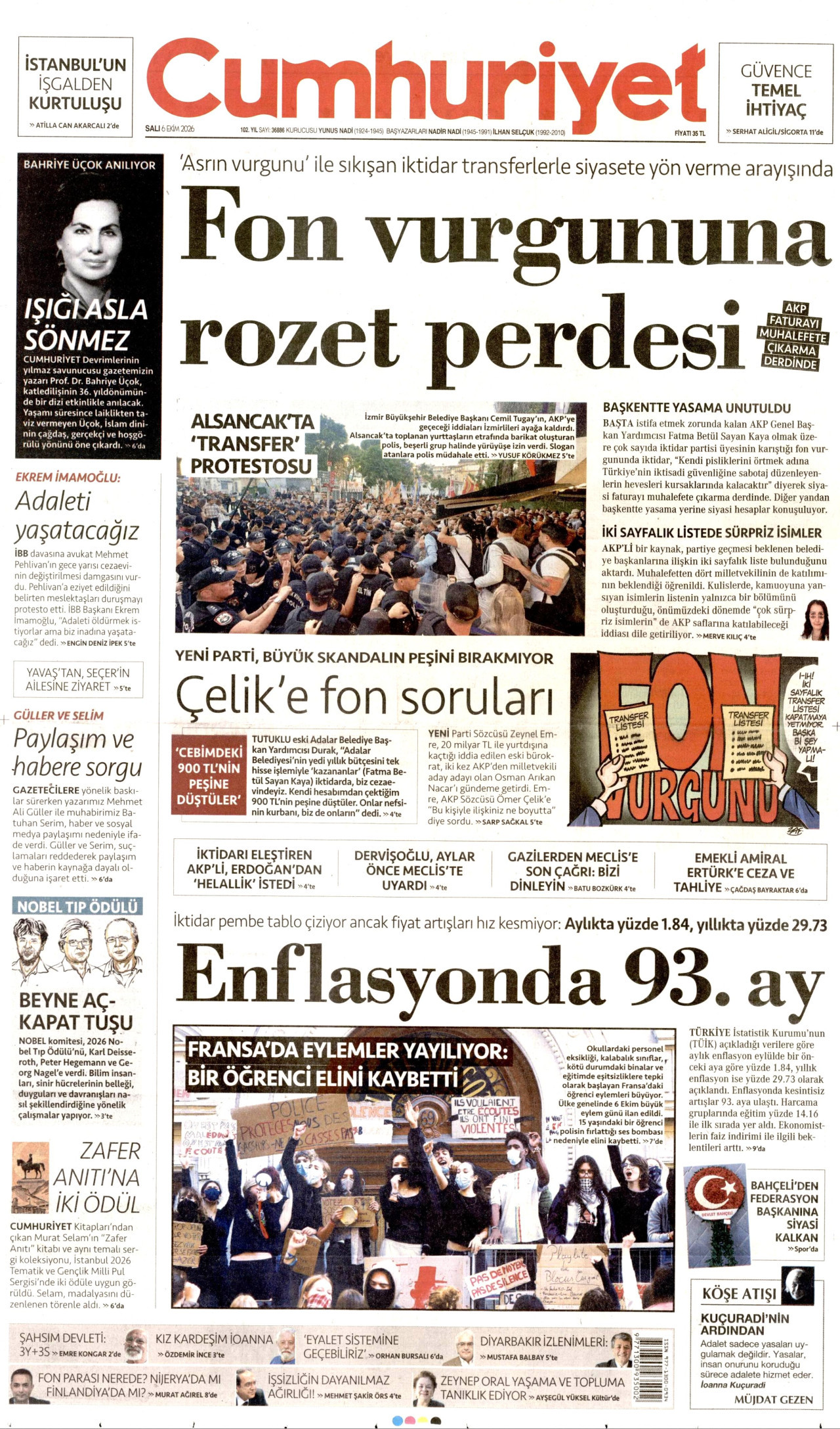 CUMHURİYET gazetesinin 6 Ekim 2026 tarihli birinci sayfası