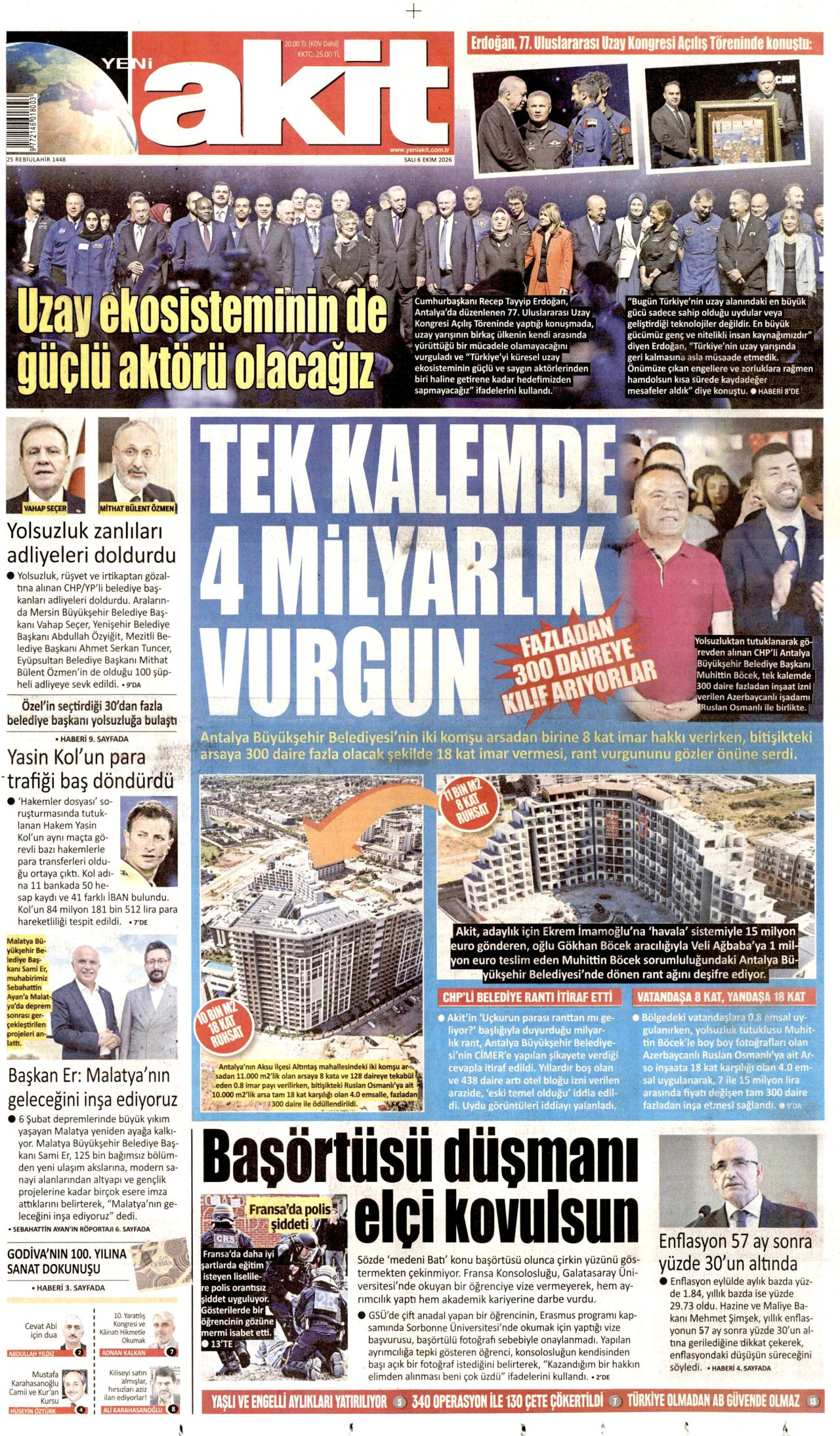 YENİ AKİT gazetesinin 6 Ekim 2026 tarihli birinci sayfası