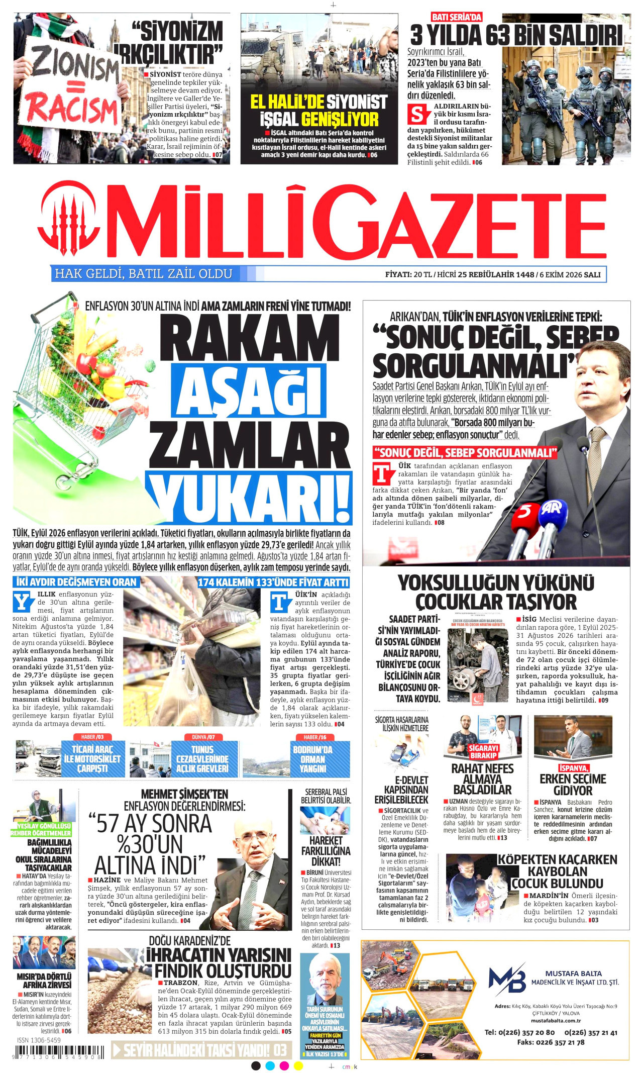 MİLLİ GAZETE gazetesinin 6 Ekim 2026 tarihli birinci sayfası