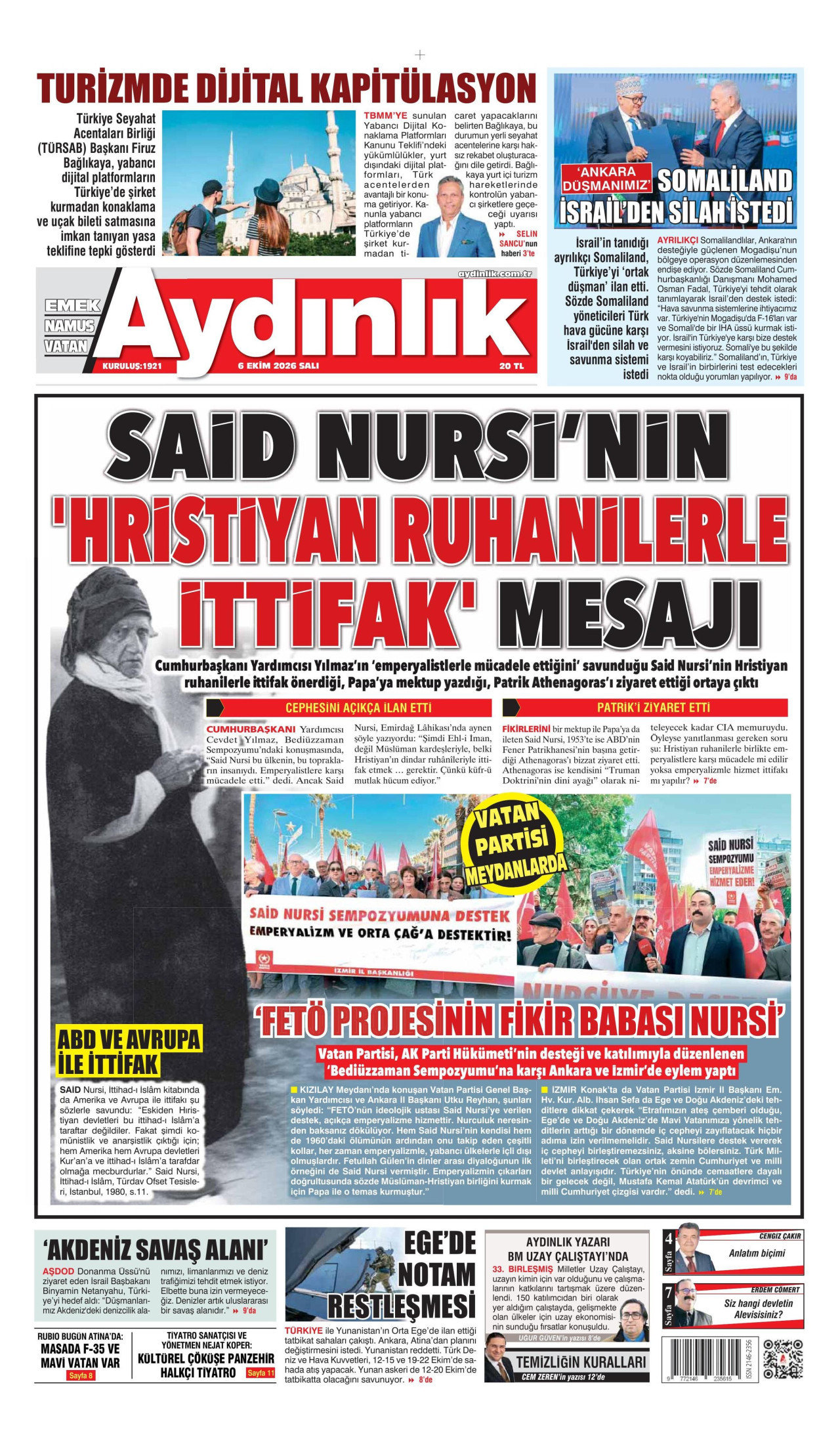 AYDINLIK GAZETESİ gazetesinin 6 Ekim 2026 tarihli birinci sayfası