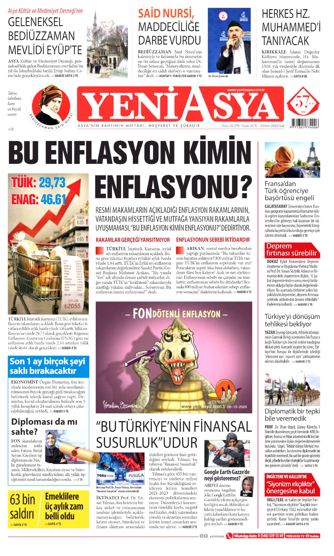 YENİ ASYA gazetesinin 6 Ekim 2026 tarihli birinci sayfası