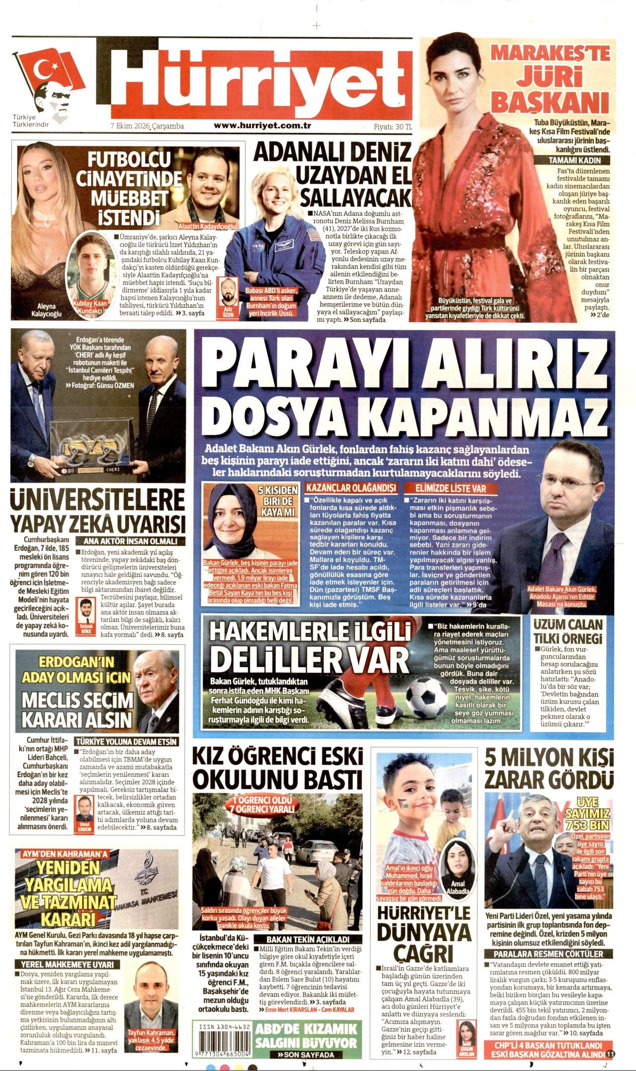 HÜRRİYET gazetesinin 7 Ekim 2026 tarihli birinci sayfası