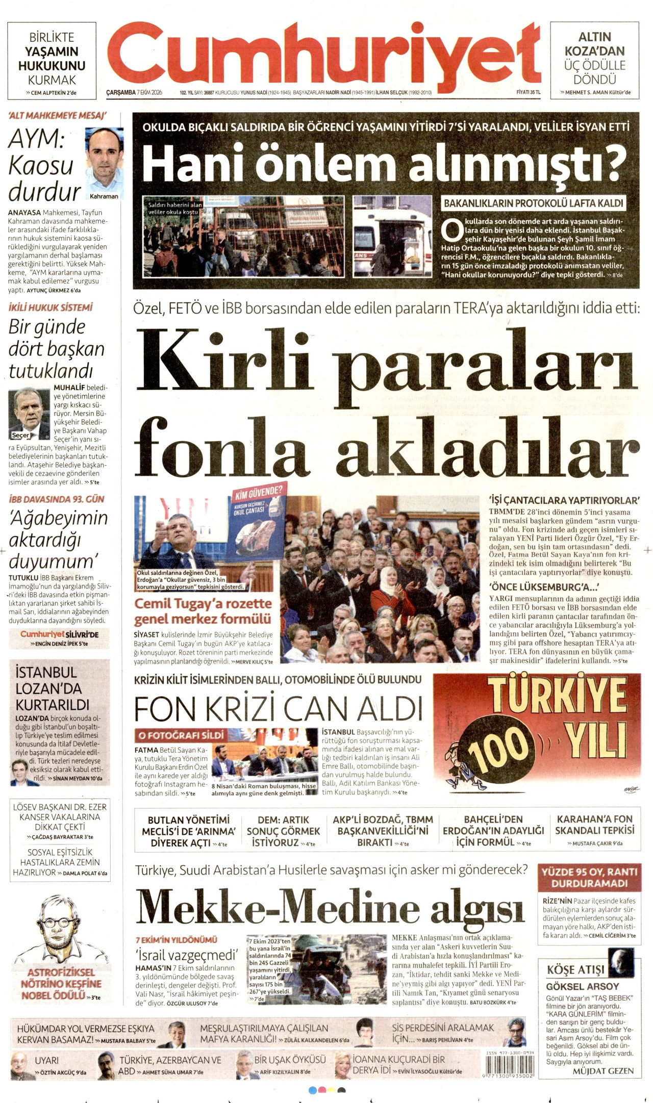 CUMHURİYET gazetesinin 7 Ekim 2026 tarihli birinci sayfası