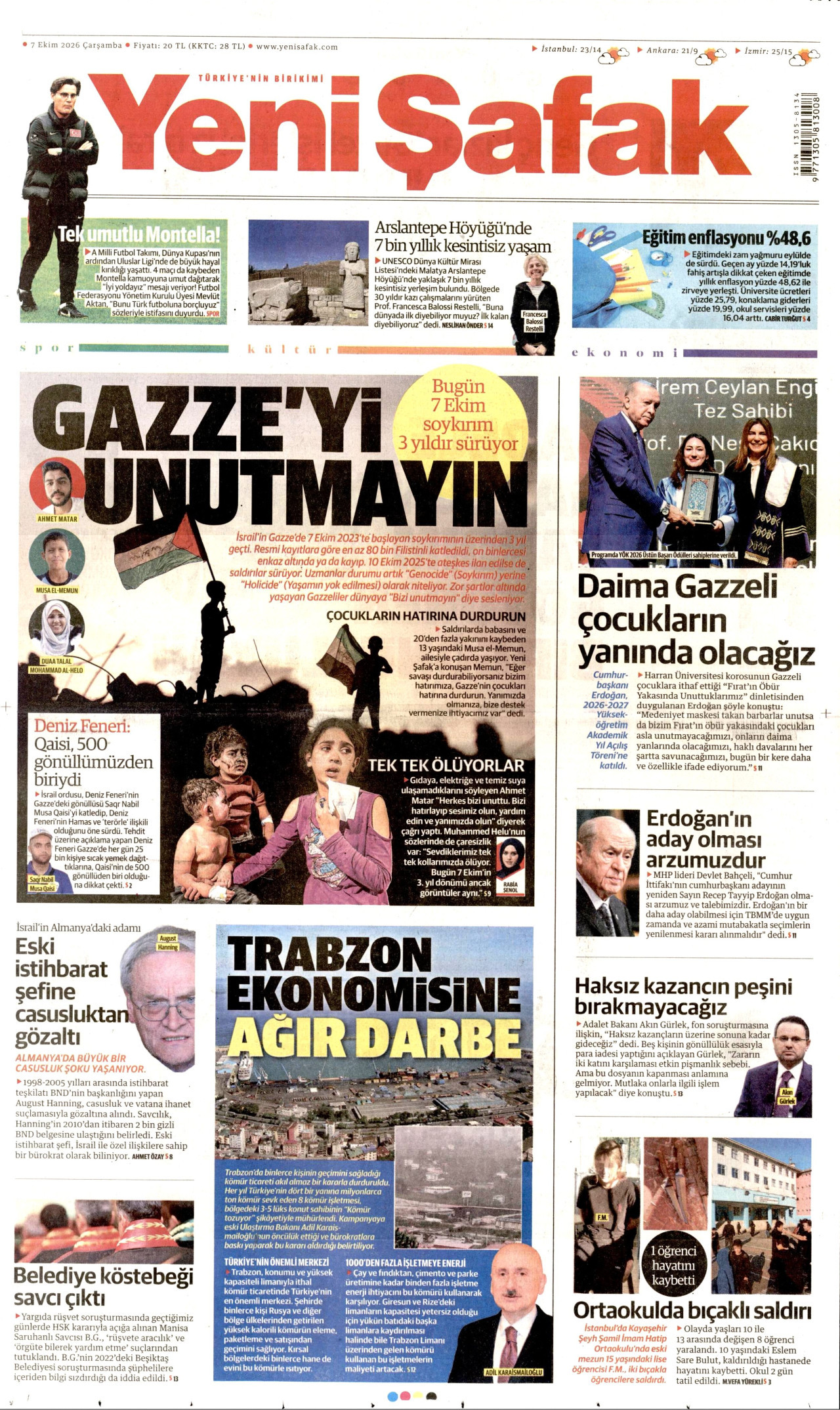YENİ ŞAFAK gazetesinin 7 Ekim 2026 tarihli birinci sayfası