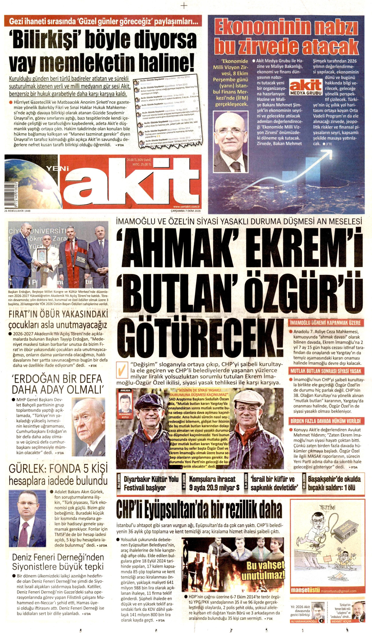 YENİ AKİT gazetesinin 7 Ekim 2026 tarihli birinci sayfası