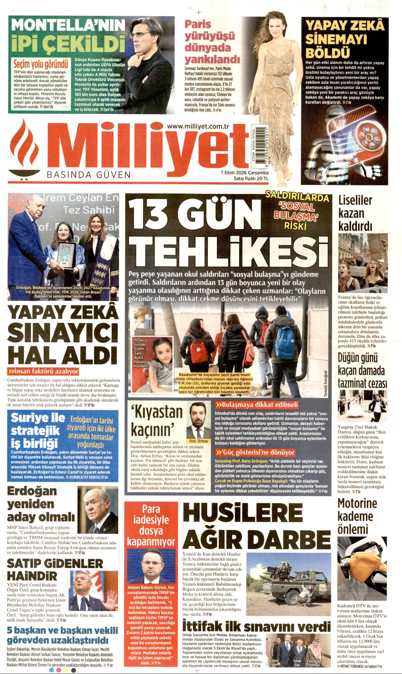 MİLLİYET gazetesinin 7 Ekim 2026 tarihli birinci sayfası