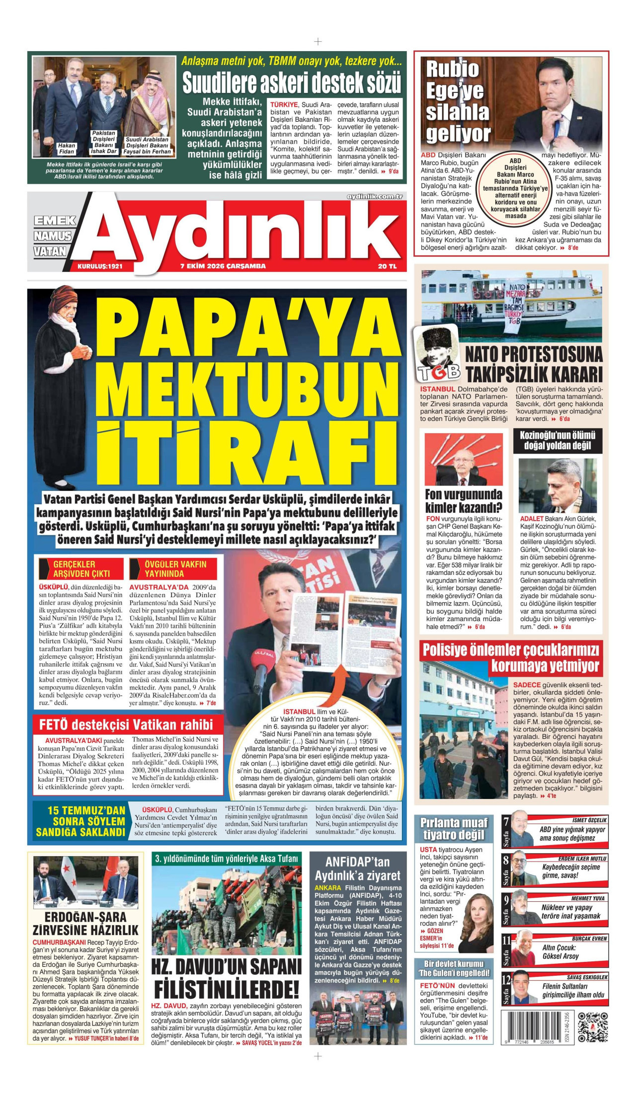 AYDINLIK GAZETESİ gazetesinin 7 Ekim 2026 tarihli birinci sayfası